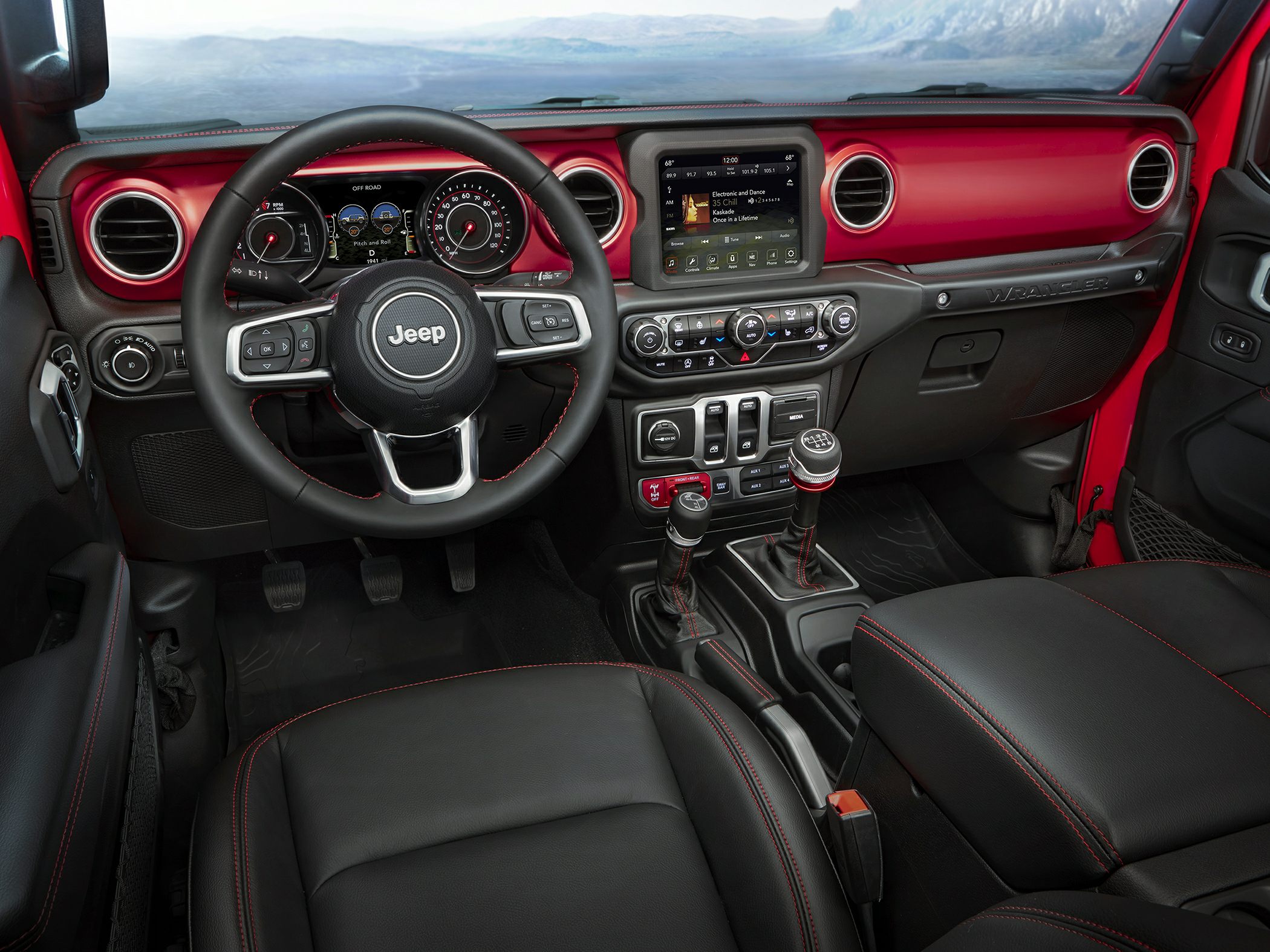 Interior dashboard with dual gear shifters and infotainment system