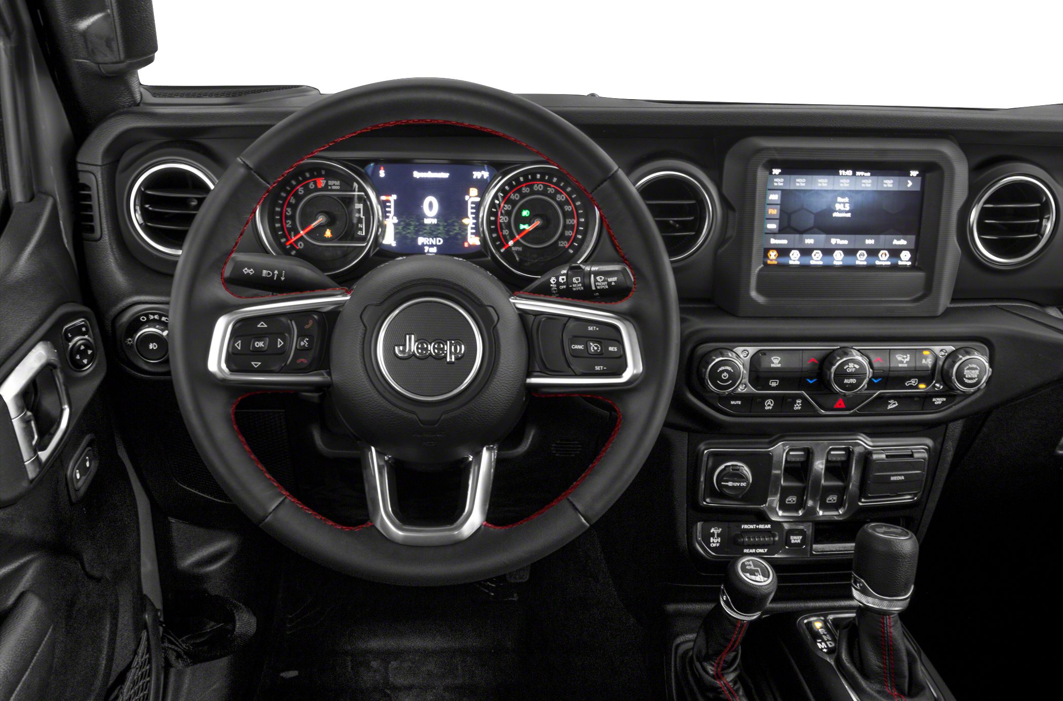 Steering wheel, dashboard, and infotainment system close-up