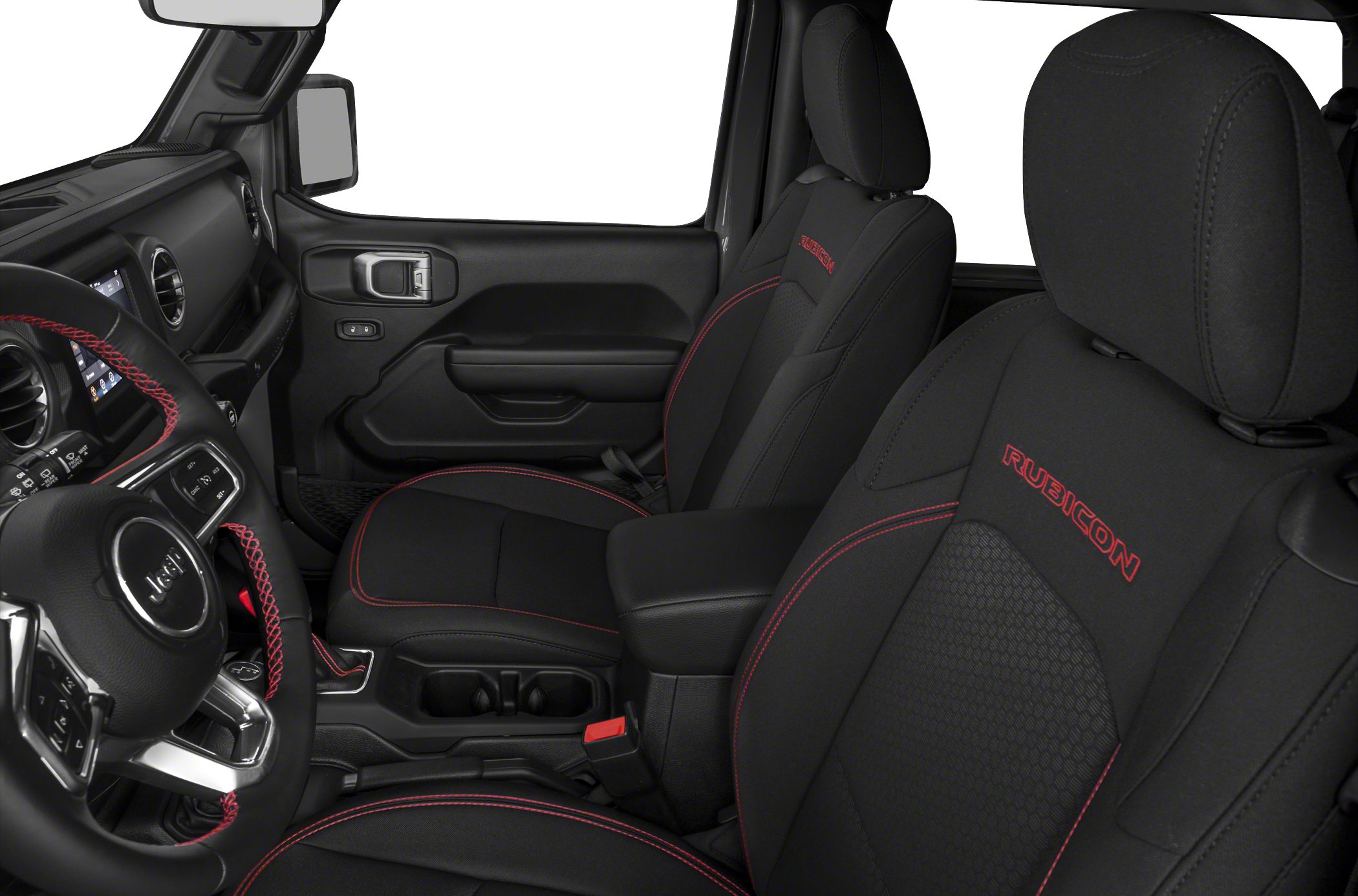 Rubicon embroidered seats with red contrast stitching in a rugged SUV interior.