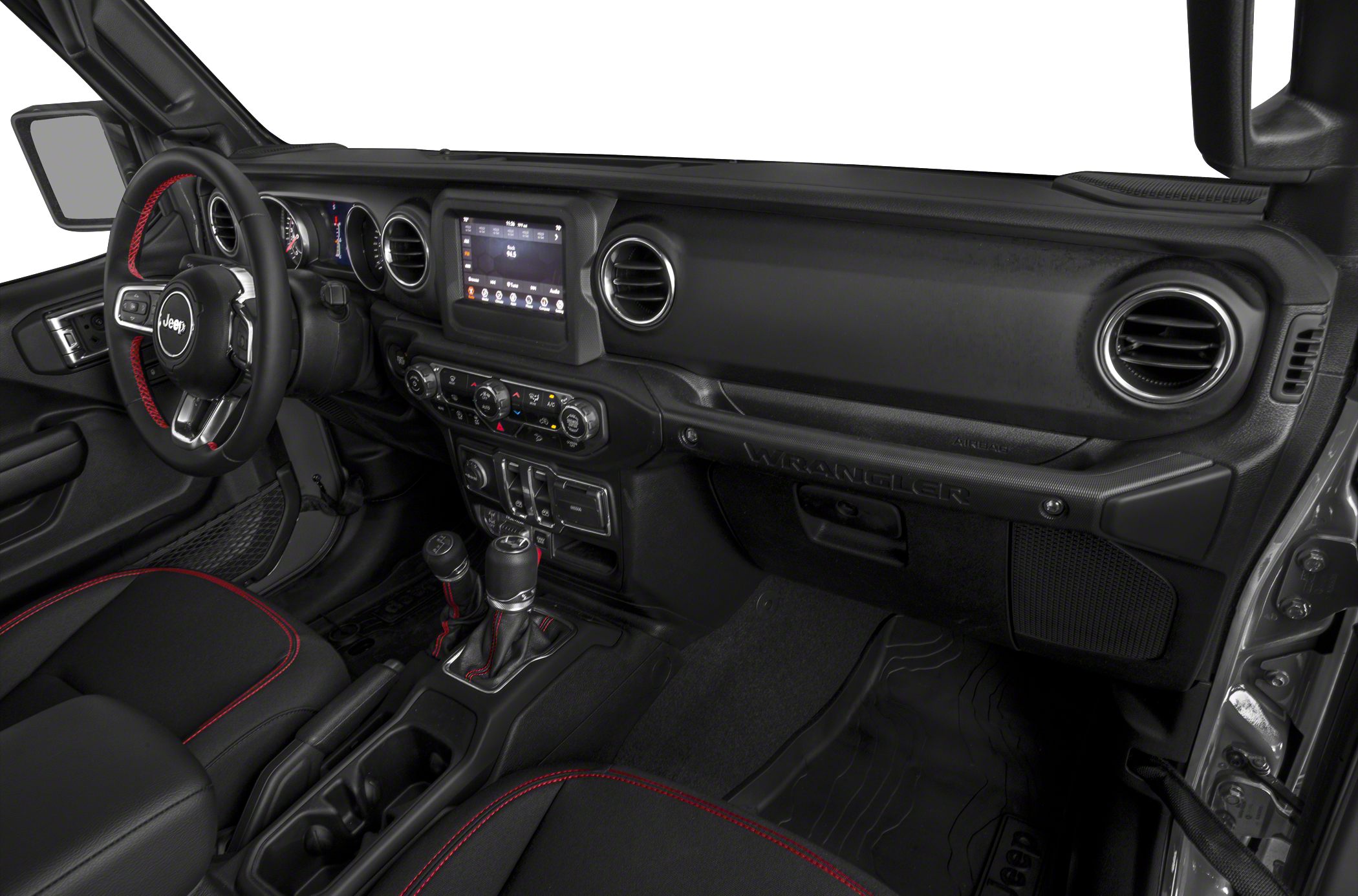 Modern dashboard and control layout with infotainment and steering wheel.