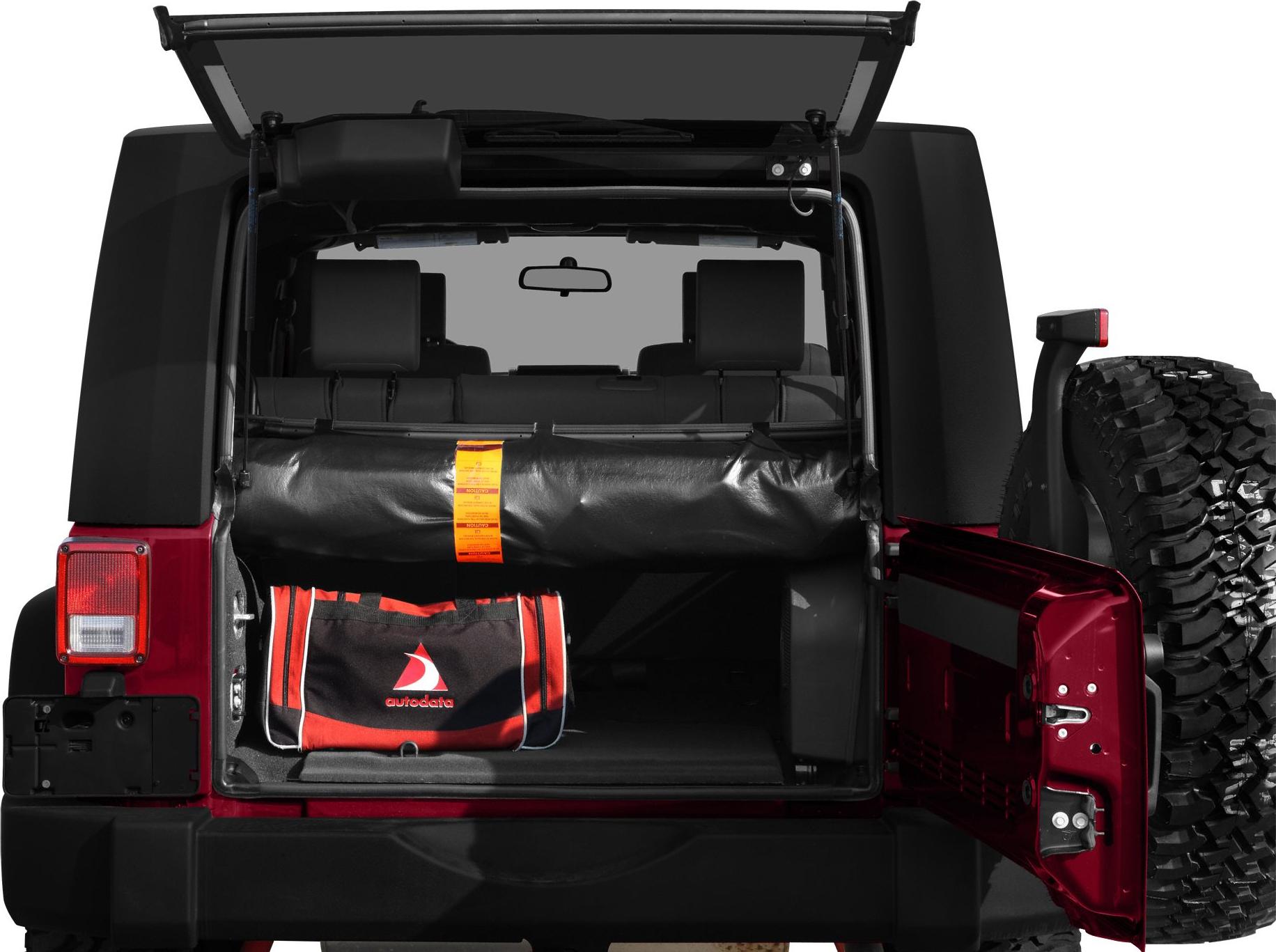 Open rear tailgate and hatch with visible cargo space and spare tire