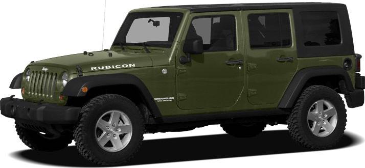 Military green Jeep with four doors and off-road tires