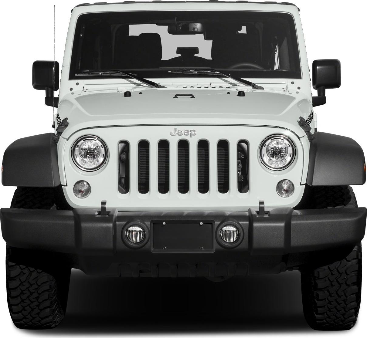 Jeep Wrangler front view with seven-slot grille and round headlights