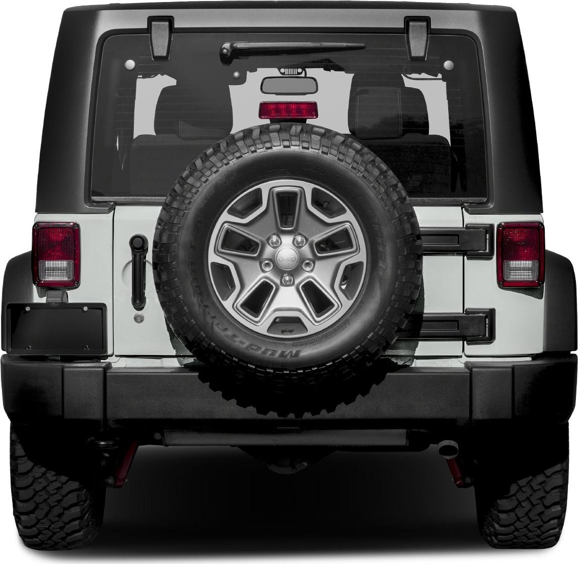 Spare tire mounted on rear door with off-road tires and tail lights