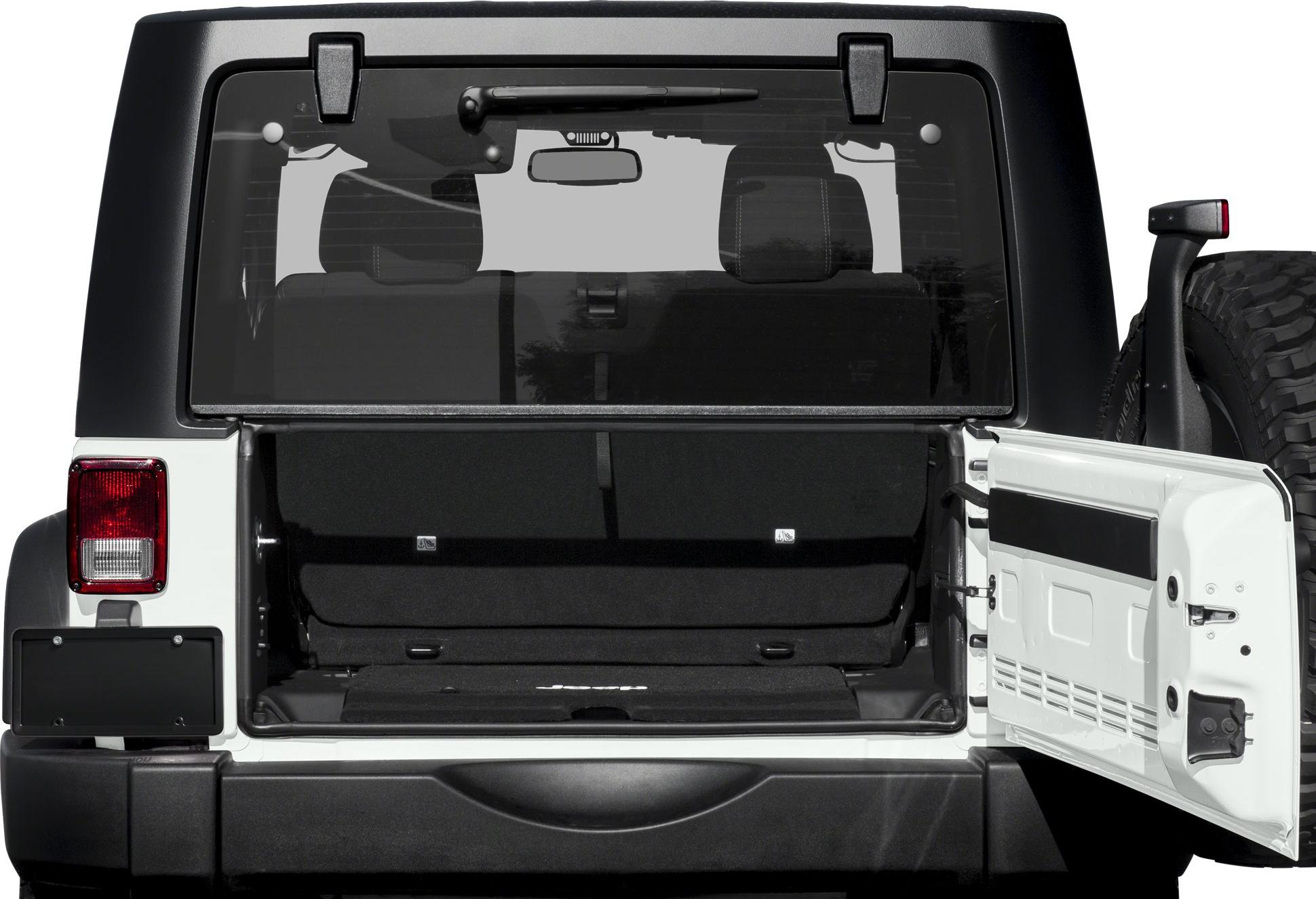 Open rear cargo area with tailgate door and visible interior seats