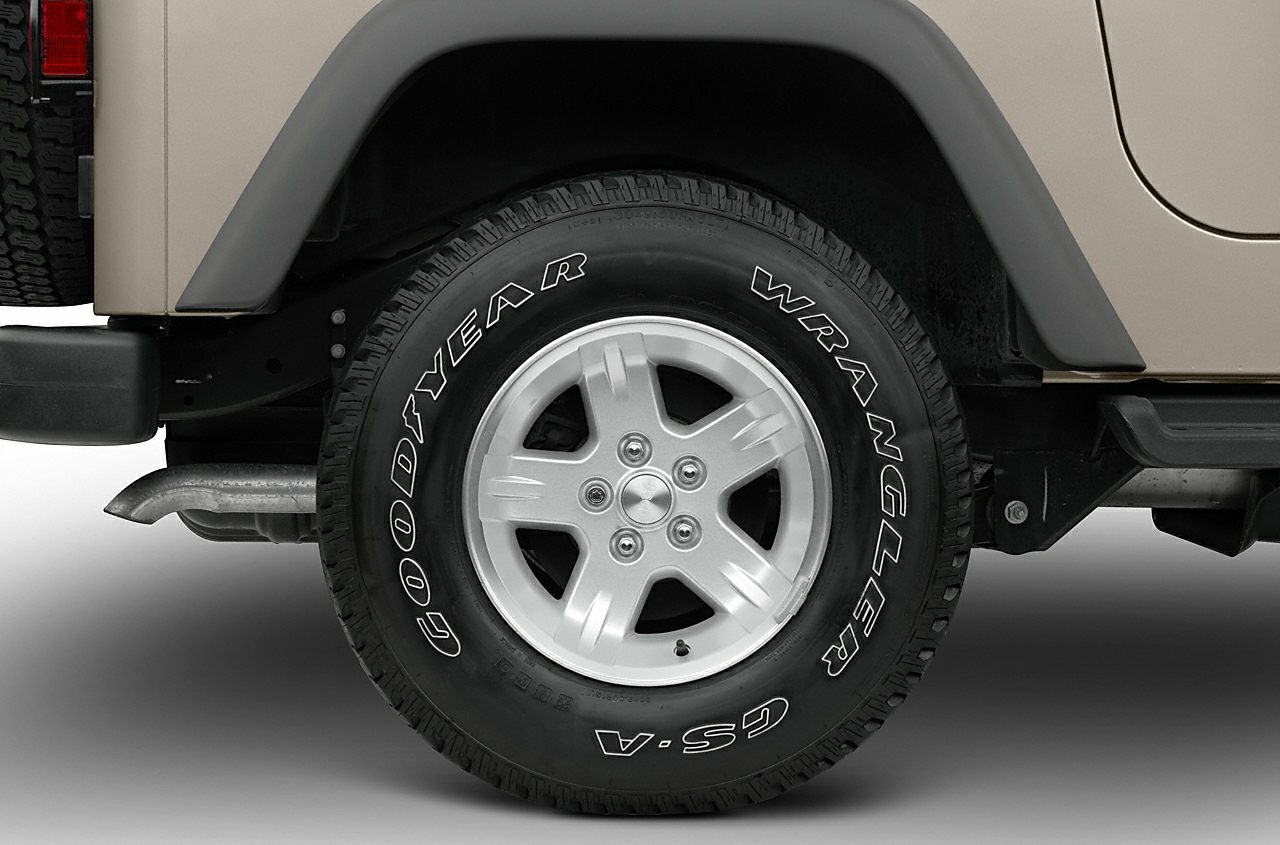 Close-up of alloy wheel with Goodyear Wrangler GSA tire and plastic wheel arch.