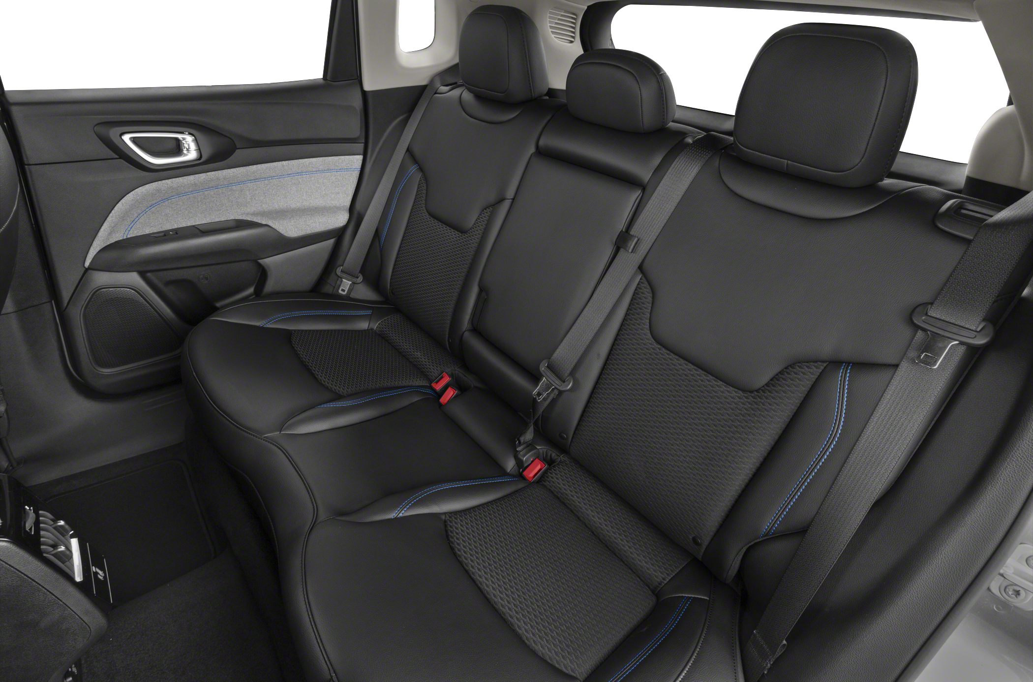 Black leather rear seats with blue stitching and modern door panel detail
