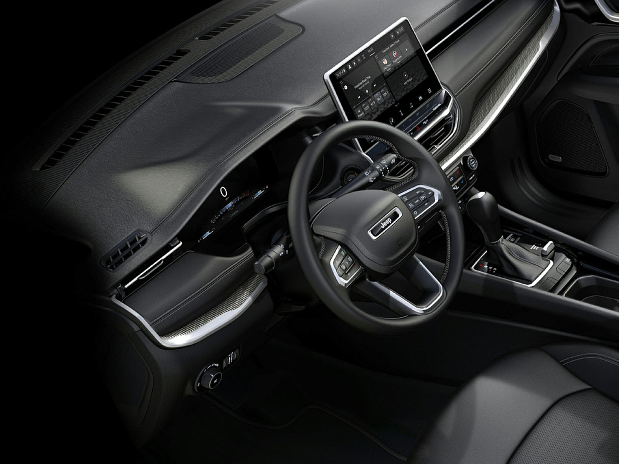 Digital dashboard and touchscreen infotainment system with modern steering wheel