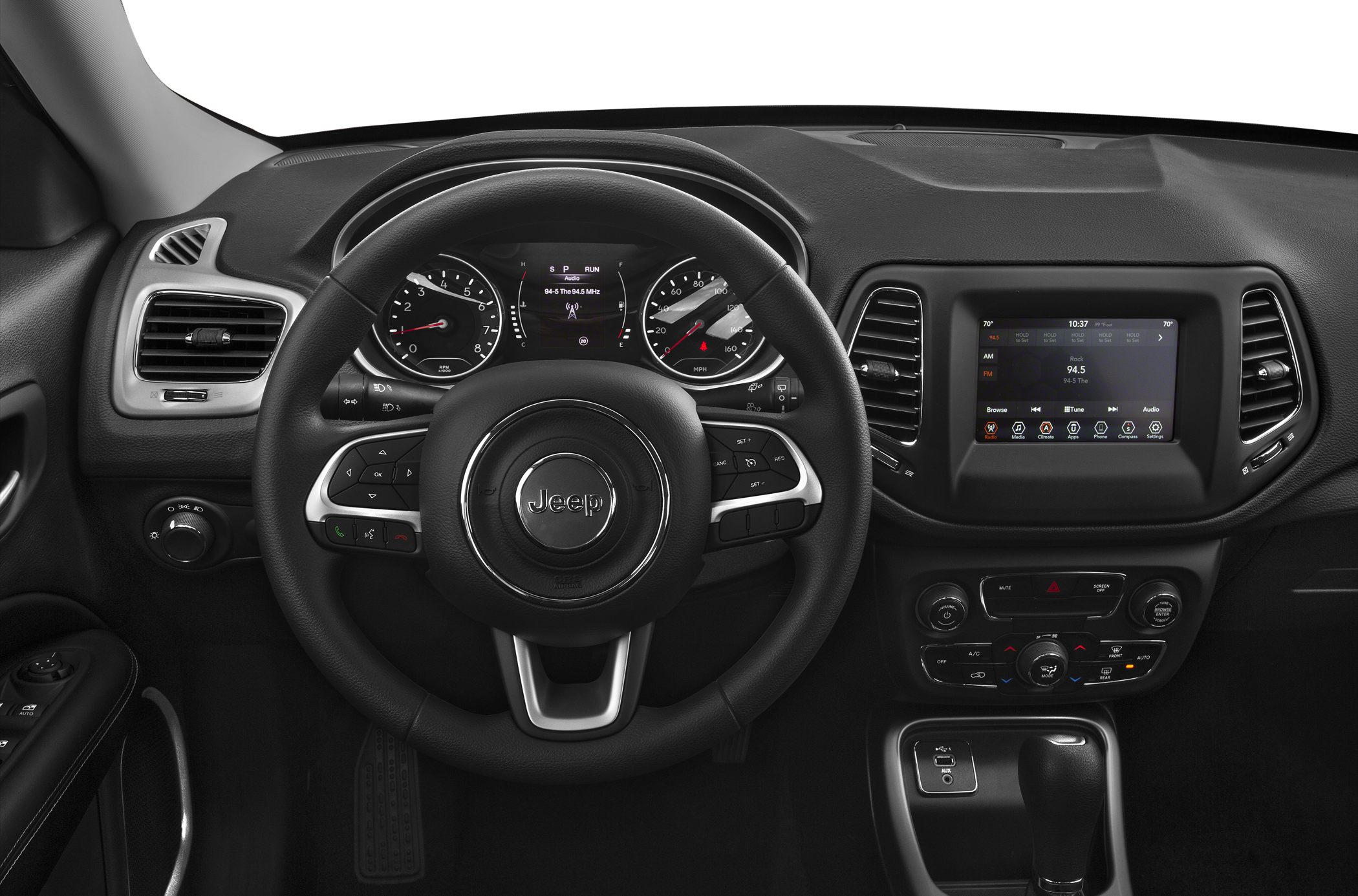Dashboard and steering wheel with infotainment and control panel