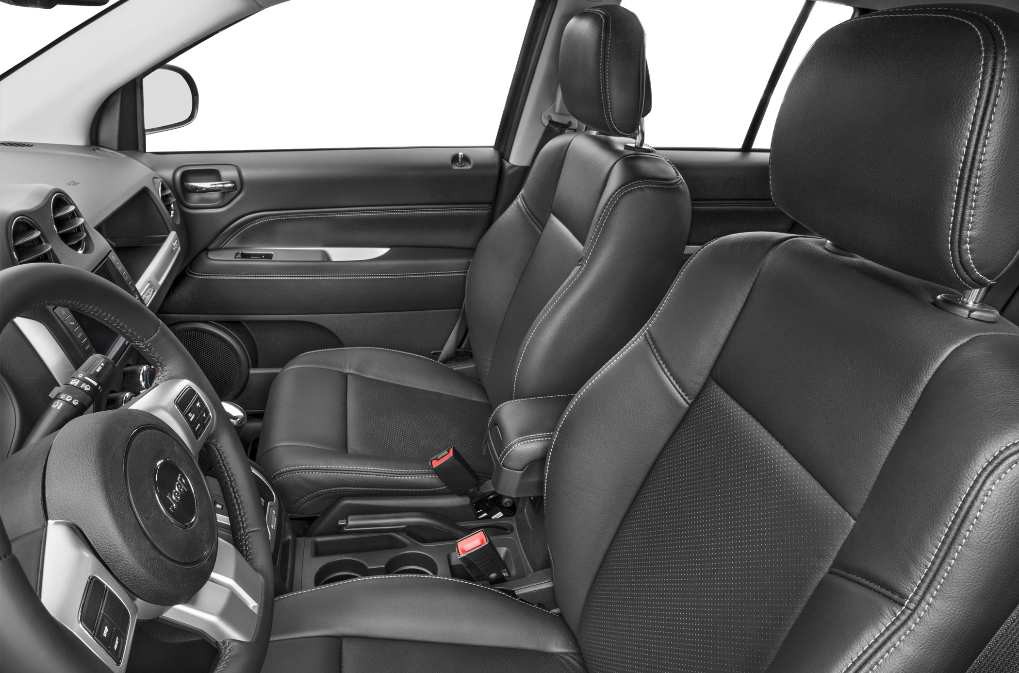 Black leather front seats with contrast stitching and dashboard details