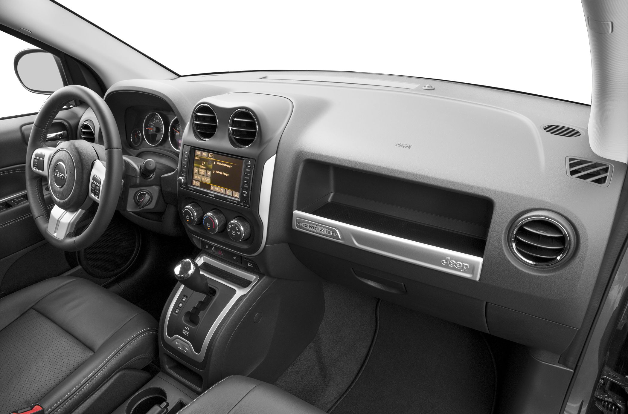 Dashboard, central console, steering wheel, and infotainment system interior