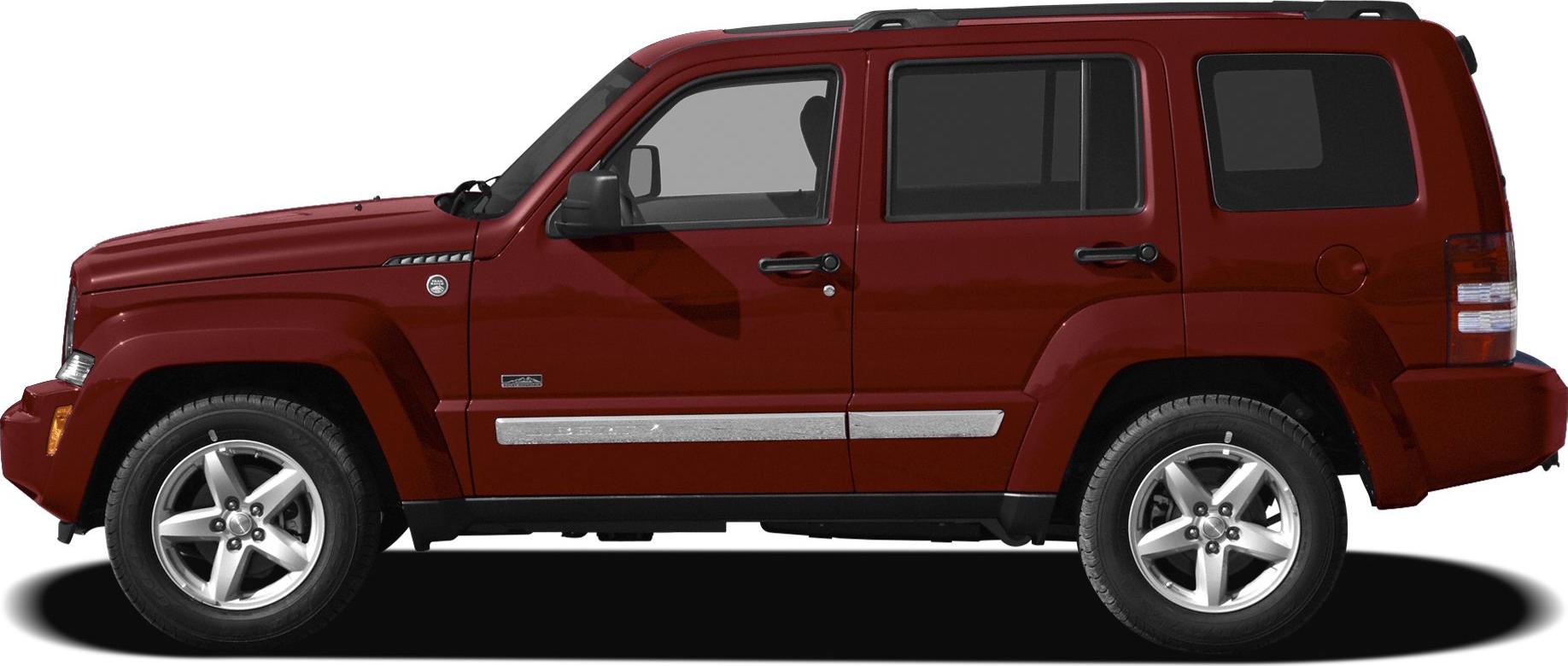 Side profile of a red 2008 SUV with alloy wheels and four doors