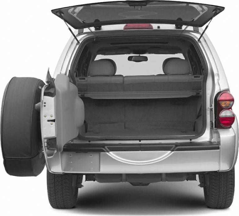Open rear cargo area with split tailgate and side-mounted spare tire