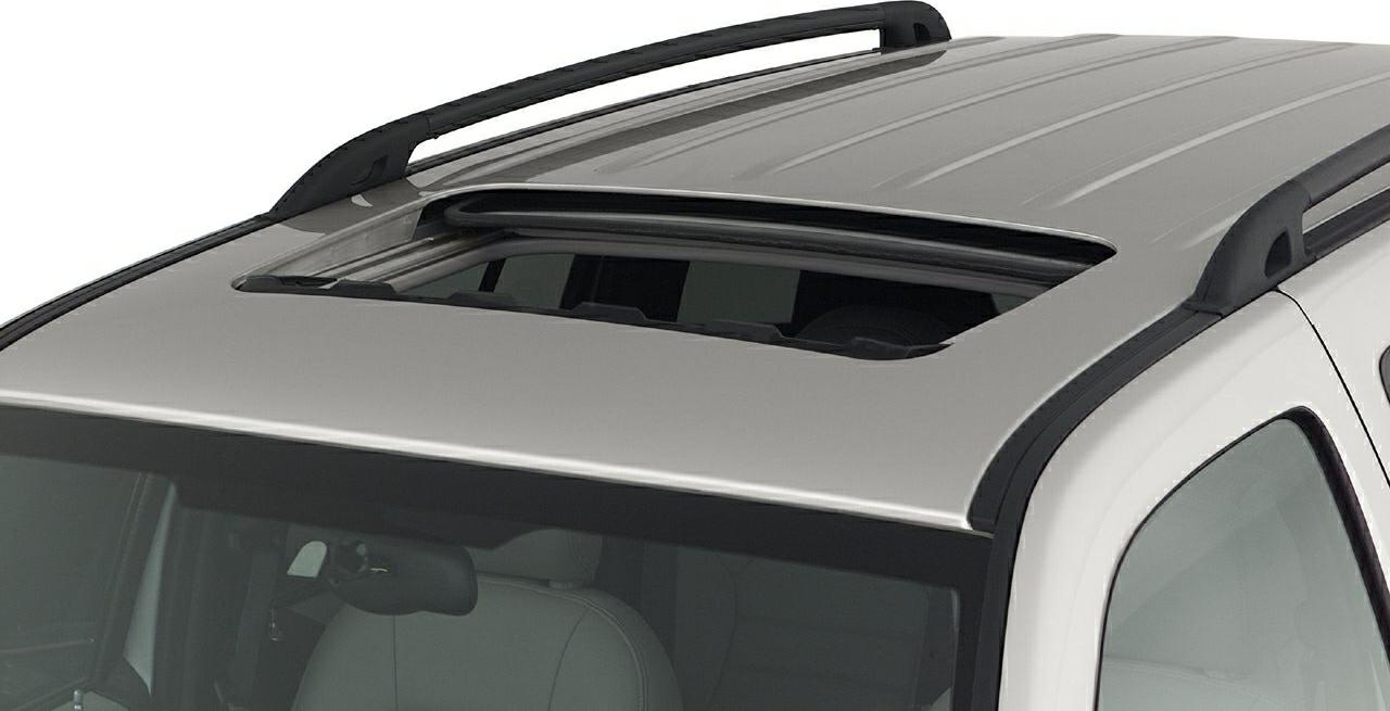 Open sunroof and black roof rails on a vehicle roof