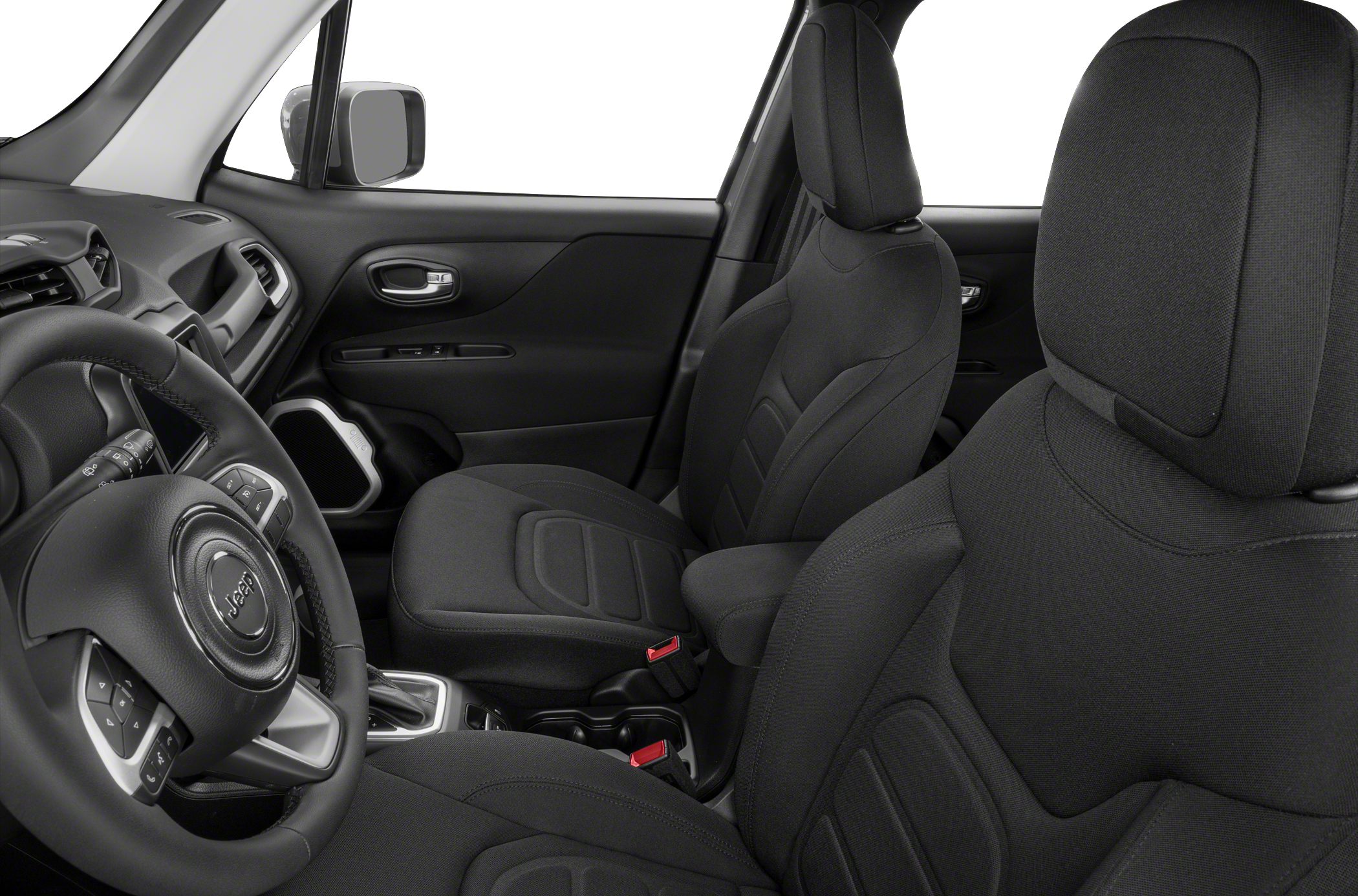 Fabric front seats and modern dashboard with steering controls