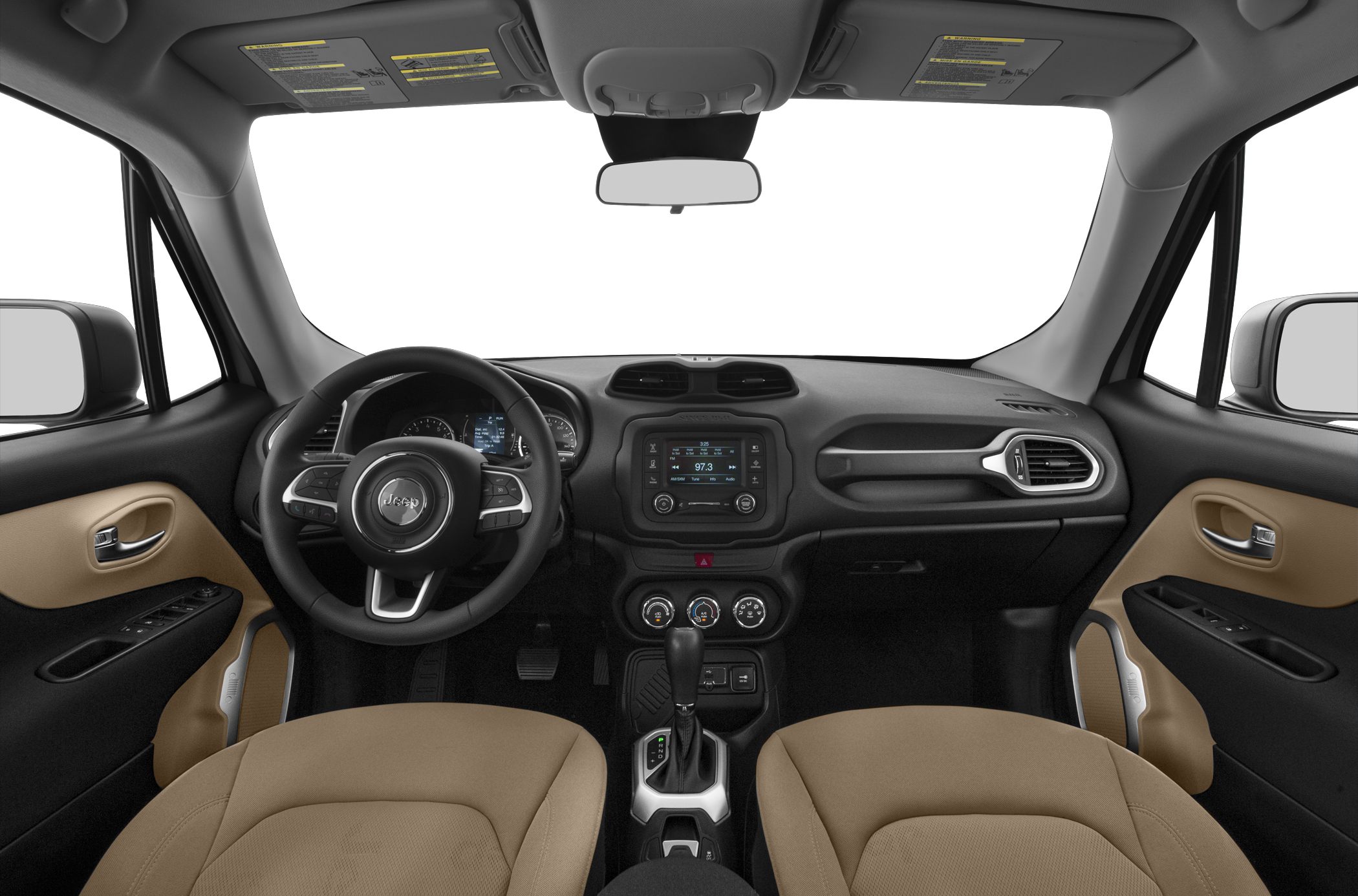 Dashboard and steering wheel with beige seats and automatic gearshift