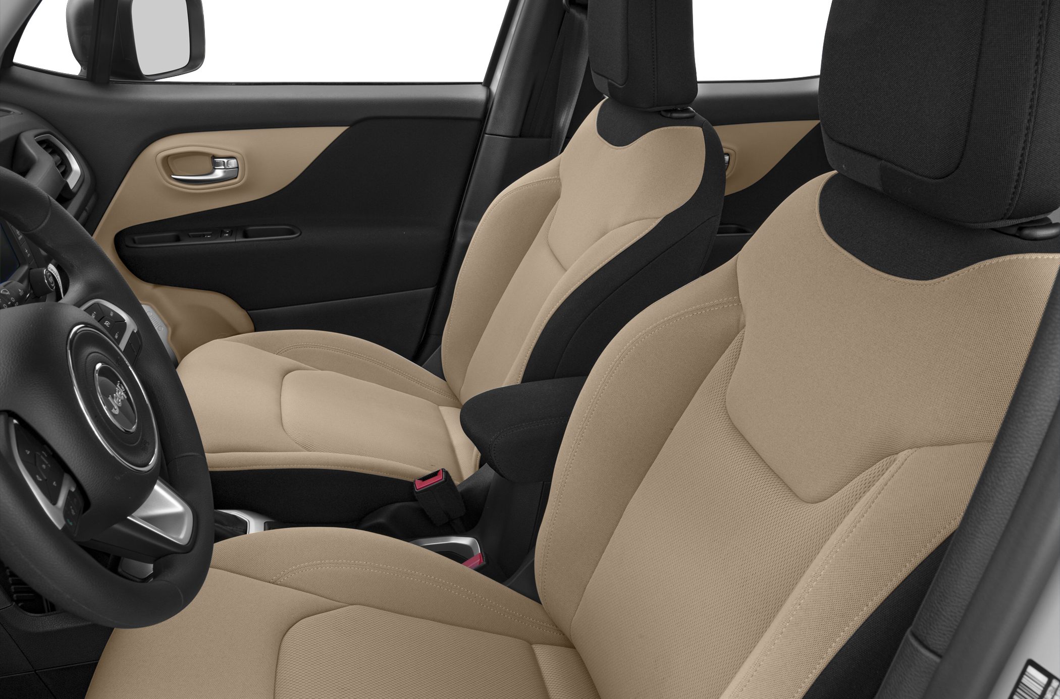 Front beige cloth seats and door panel interior with armrest and door handle