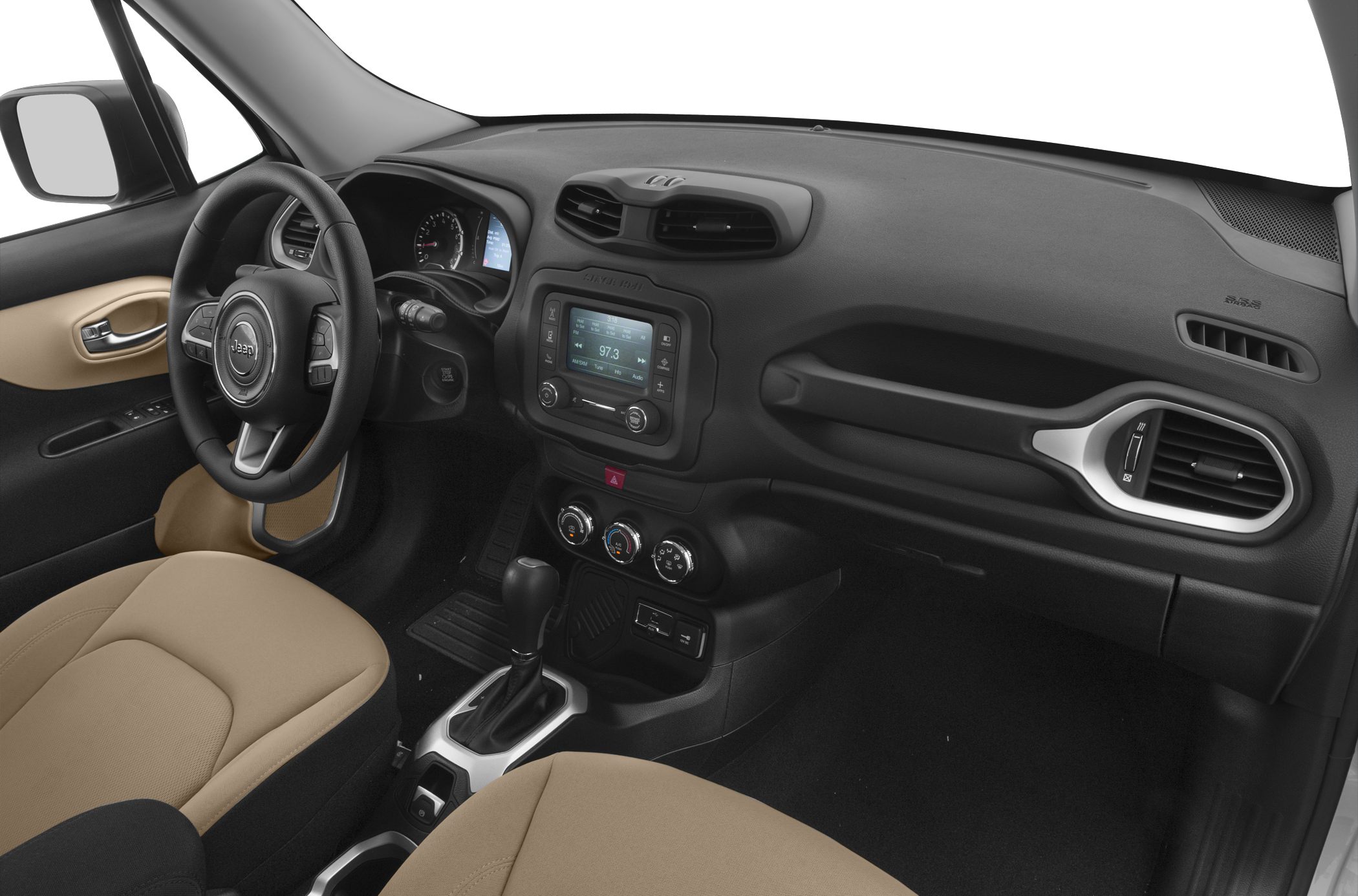 Dashboard, center console, steering wheel, beige seating upholstery