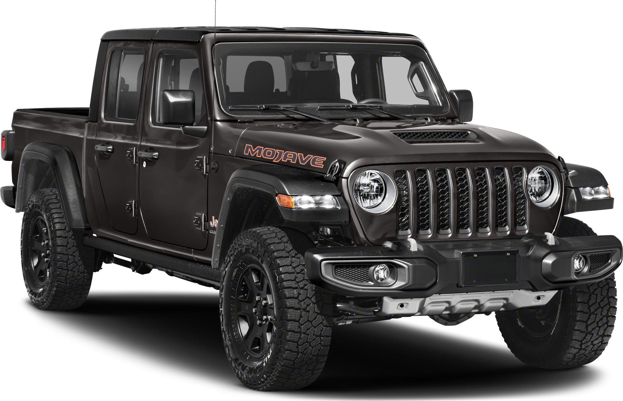 Front view of rugged off-road pickup with four doors and all-terrain tires