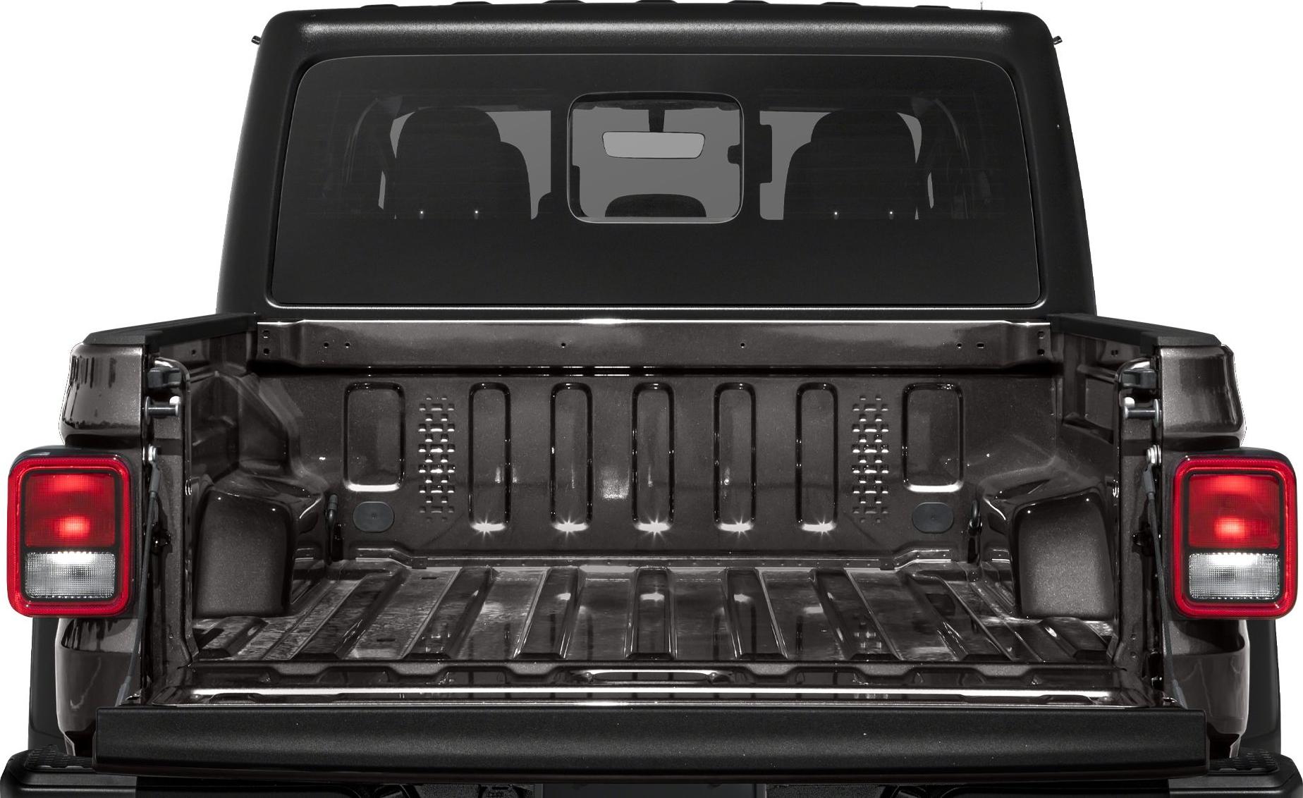 Open cargo bed and tailgate with taillights and rear window.
