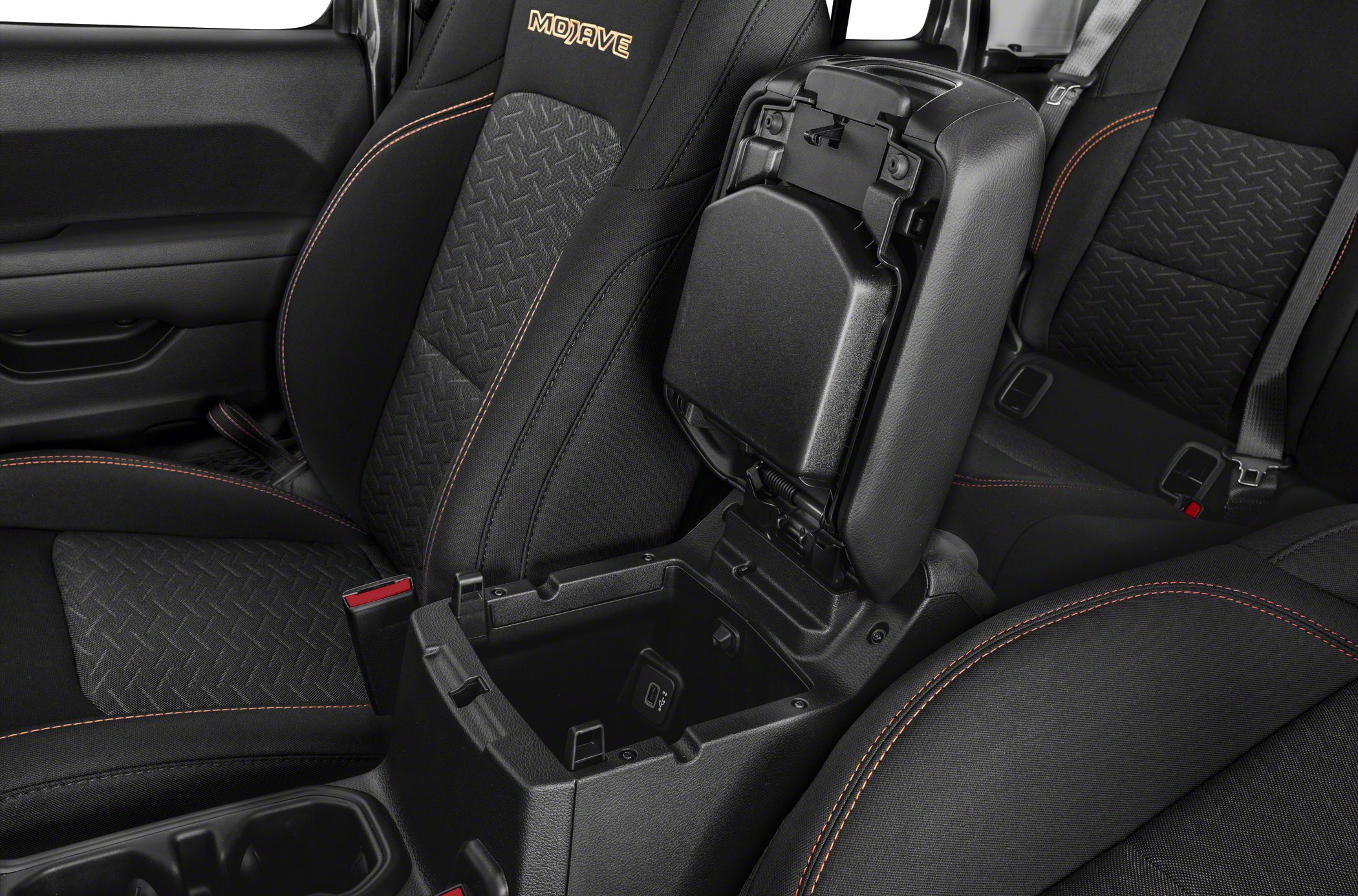 Open center console and fabric seats with orange stitching and 'Mojave' embroidery