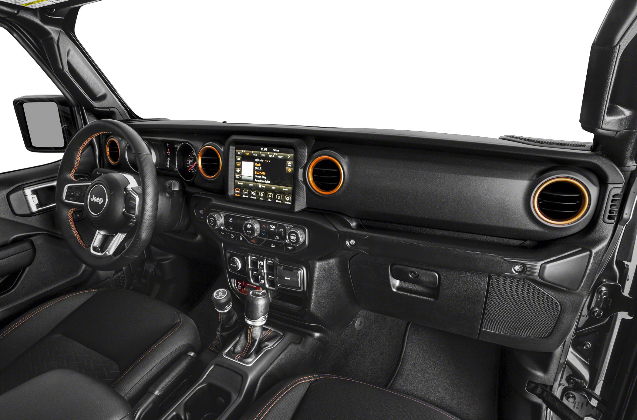 Dashboard with infotainment and steering wheel with orange accent trim