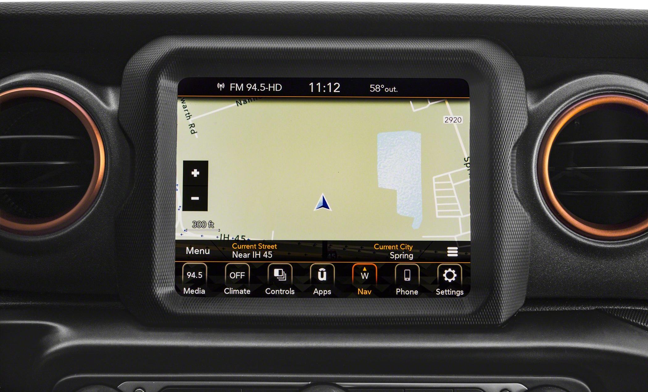 Touchscreen navigation system with circular air vents and control icons