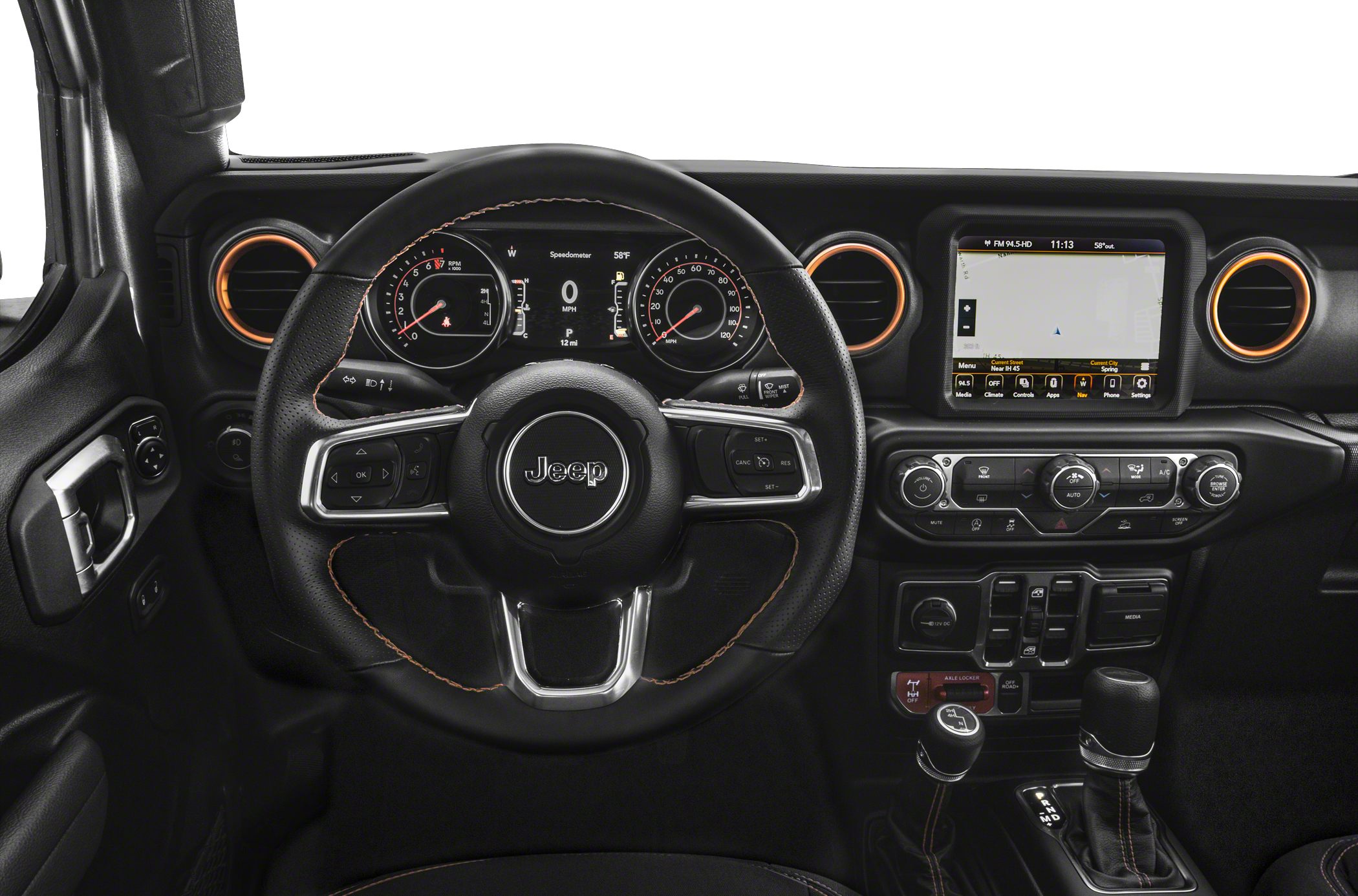 Dashboard and steering wheel with touchscreen navigation and orange-accented air vents.