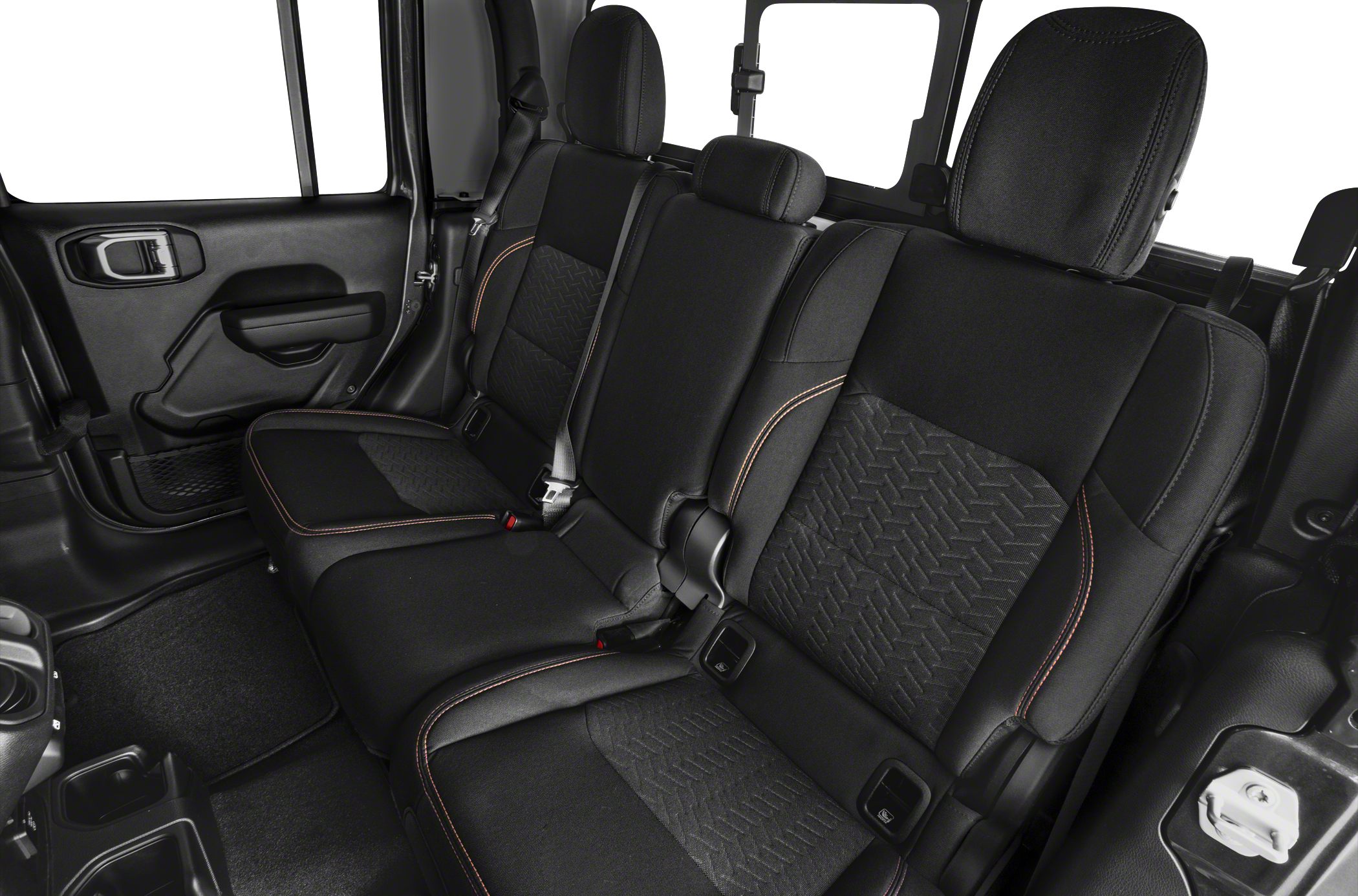 Rear seat interior with black fabric upholstery and orange stitching