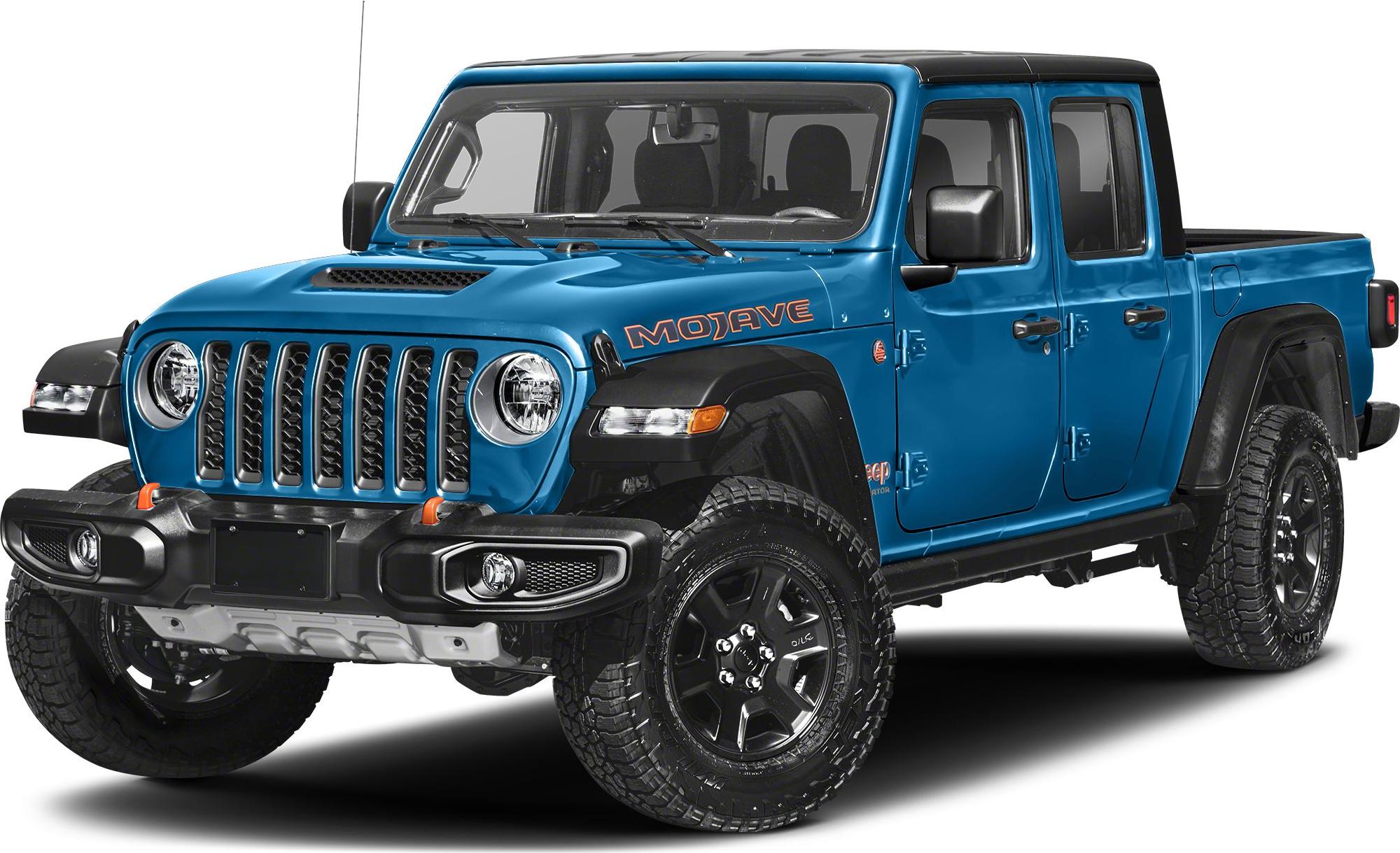 Front-side view of rugged blue pickup with off-road tires and bold grille