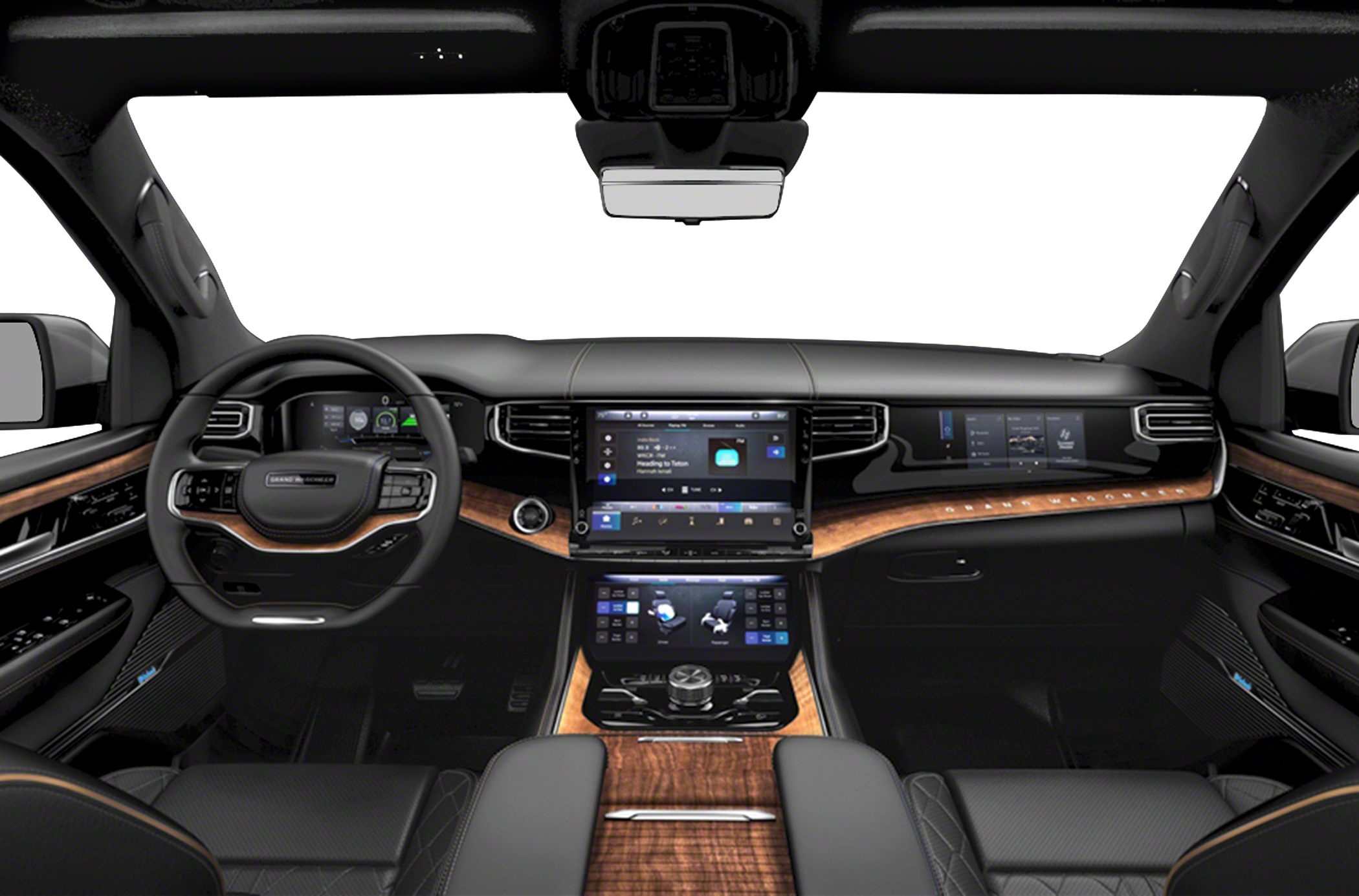 Luxury SUV interior with multiple digital displays and elegant wood trim