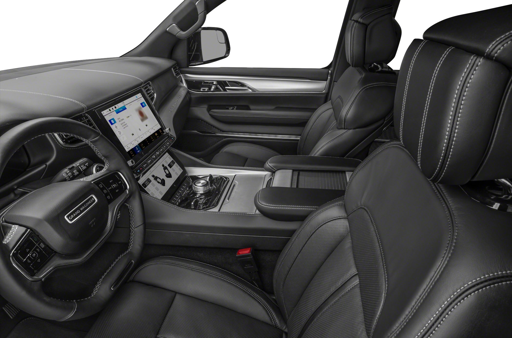 Black leather seats with detailed stitching and digital dashboard panels