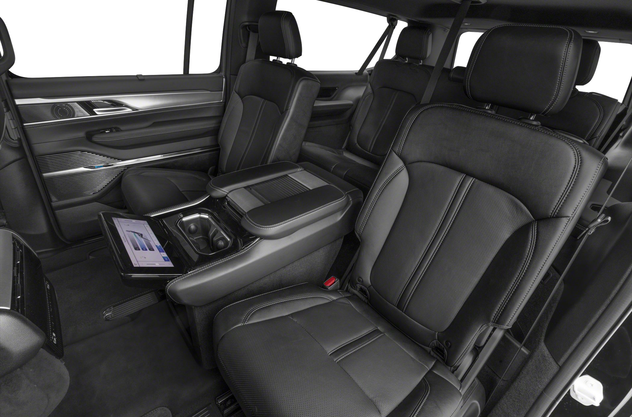 Black leather seats with center console and tablet display