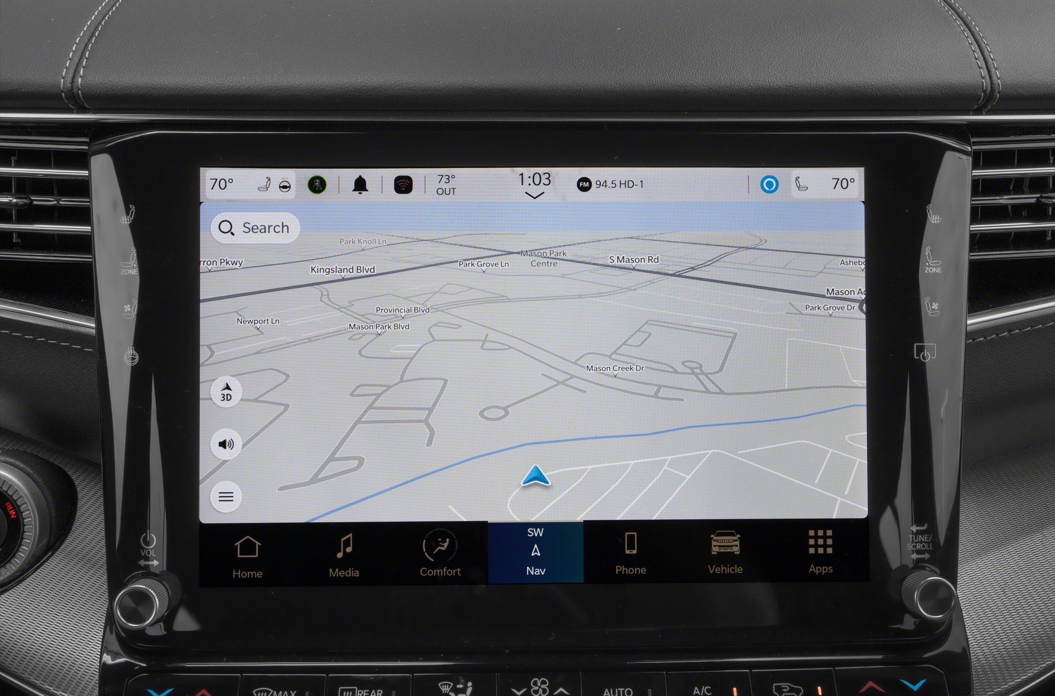 Touchscreen navigation with dual-zone climate control and physical knobs