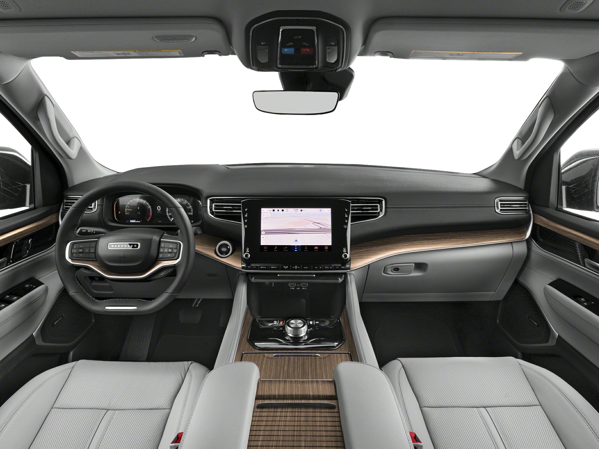 Luxury SUV interior with wood trim, touchscreen console, and advanced steering controls