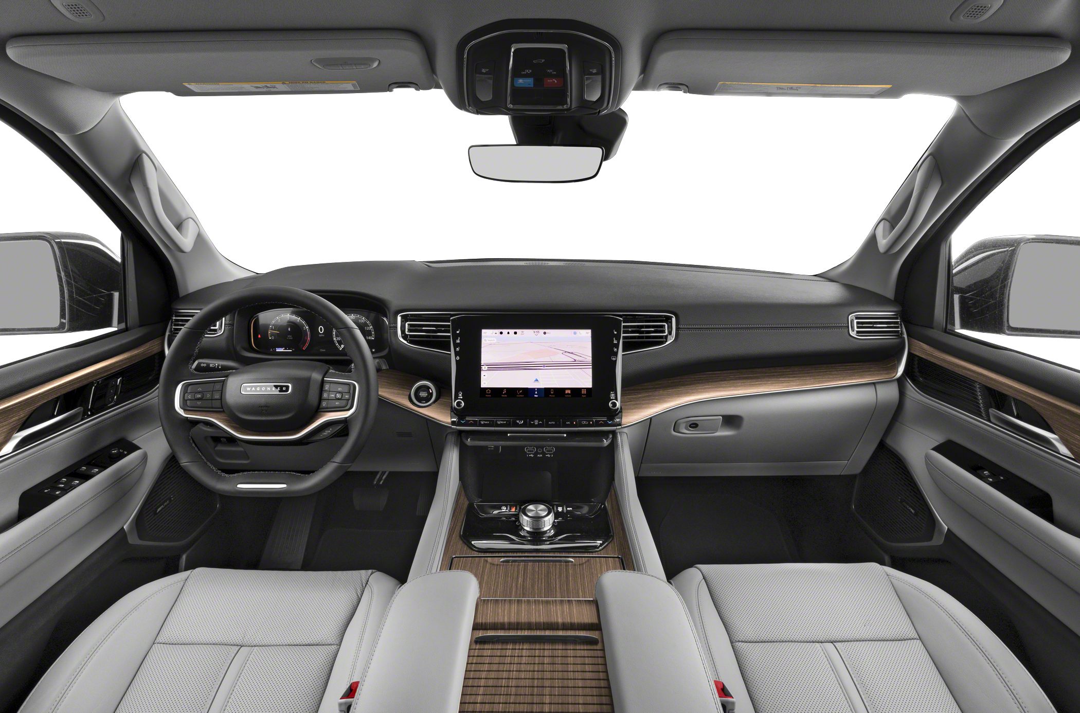 Luxury SUV interior with digital dashboard and wood trim