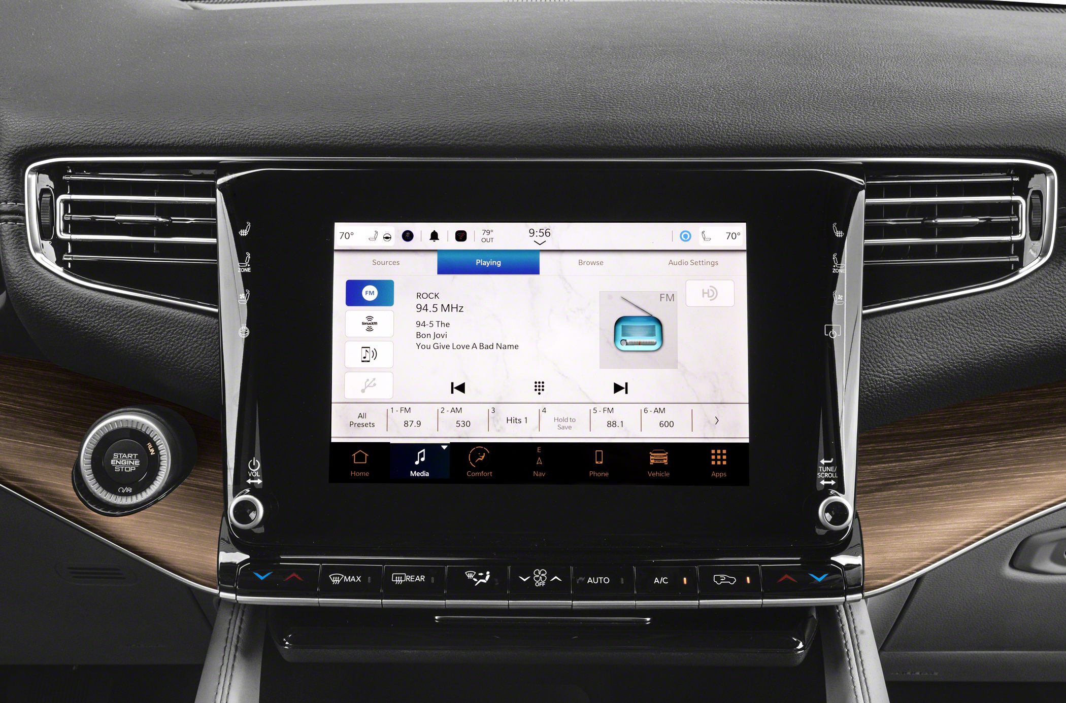 Infotainment touchscreen and climate control panel with start/stop button