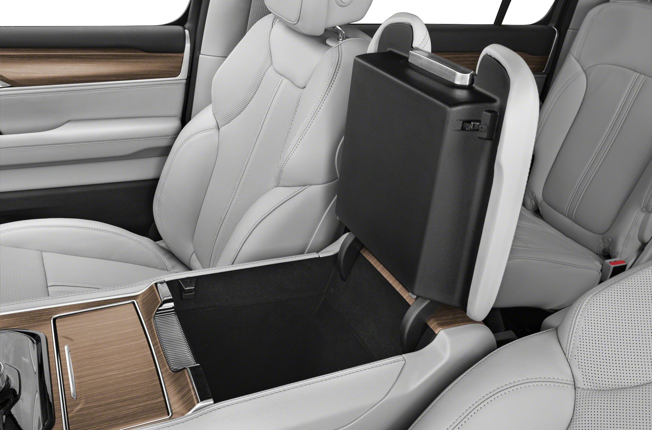 Center console storage compartment with leather and wood trim