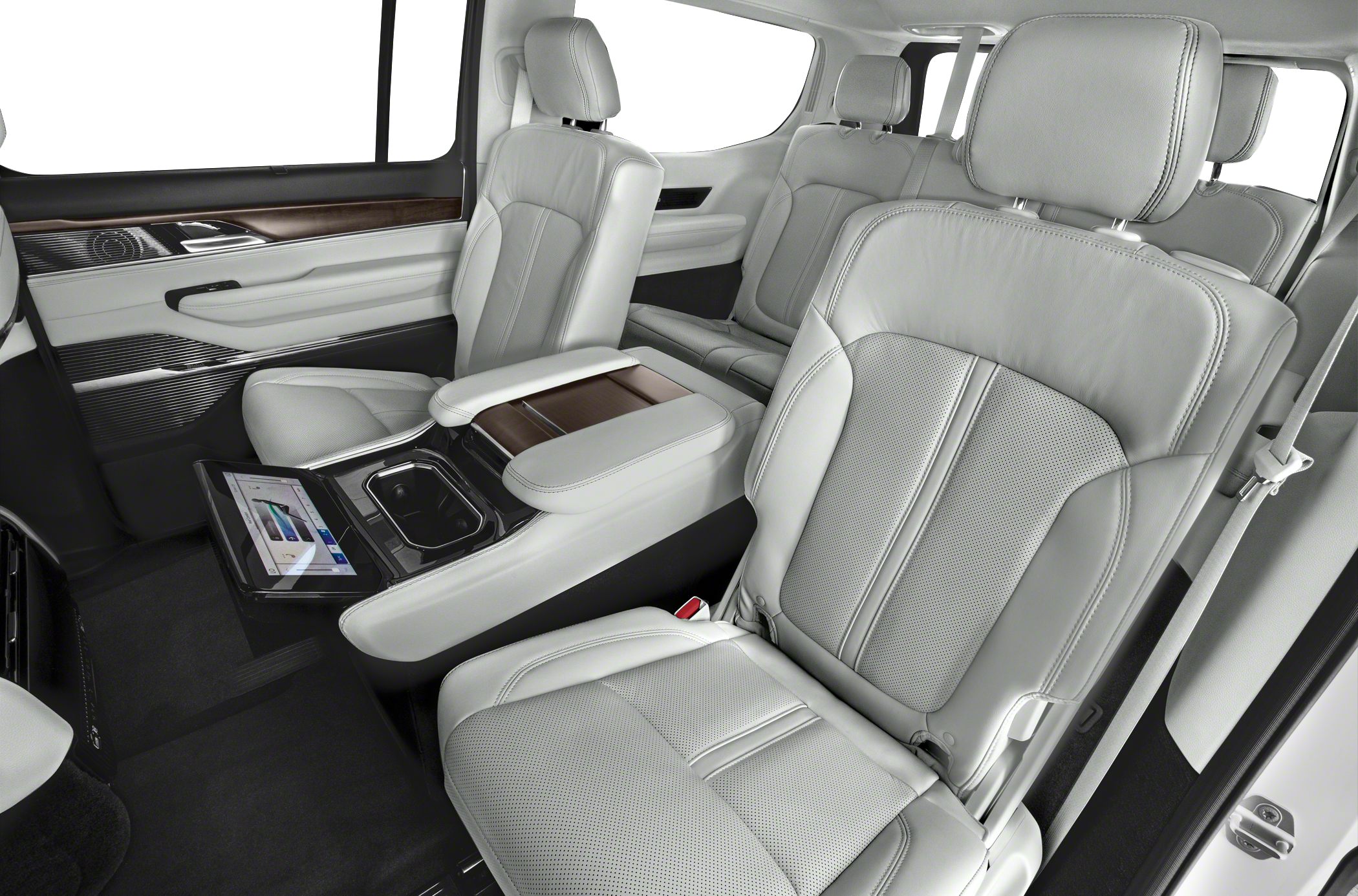Luxury rear leather seats with touchscreen in SUV interior