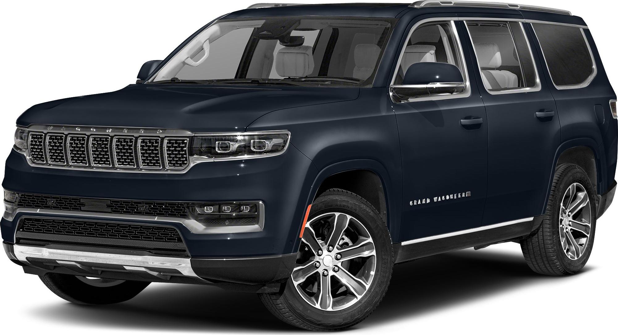 Front side view of SUV with distinctive grille and LED headlights