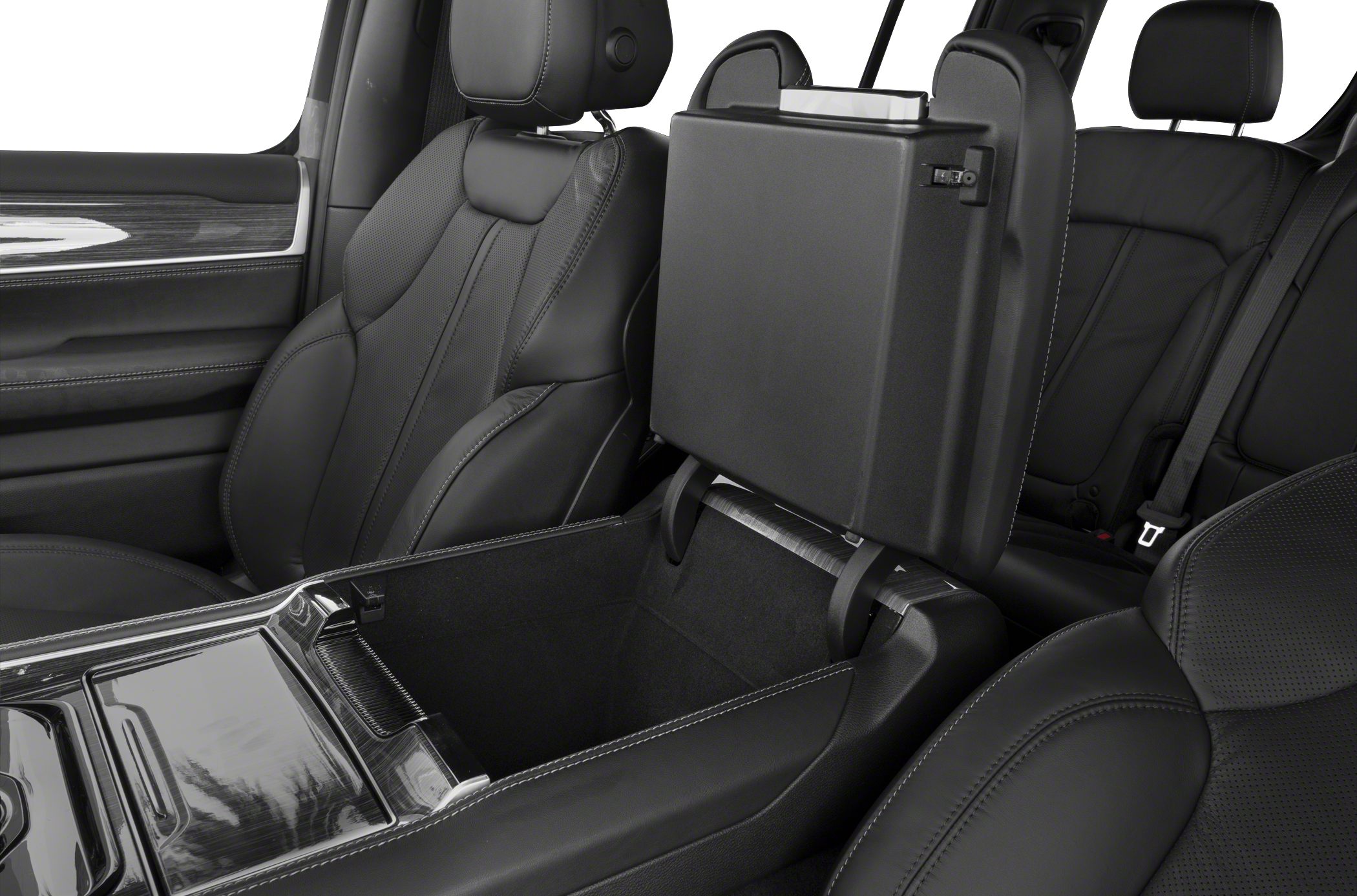 Luxury SUV interior with open center console storage and premium leather seats