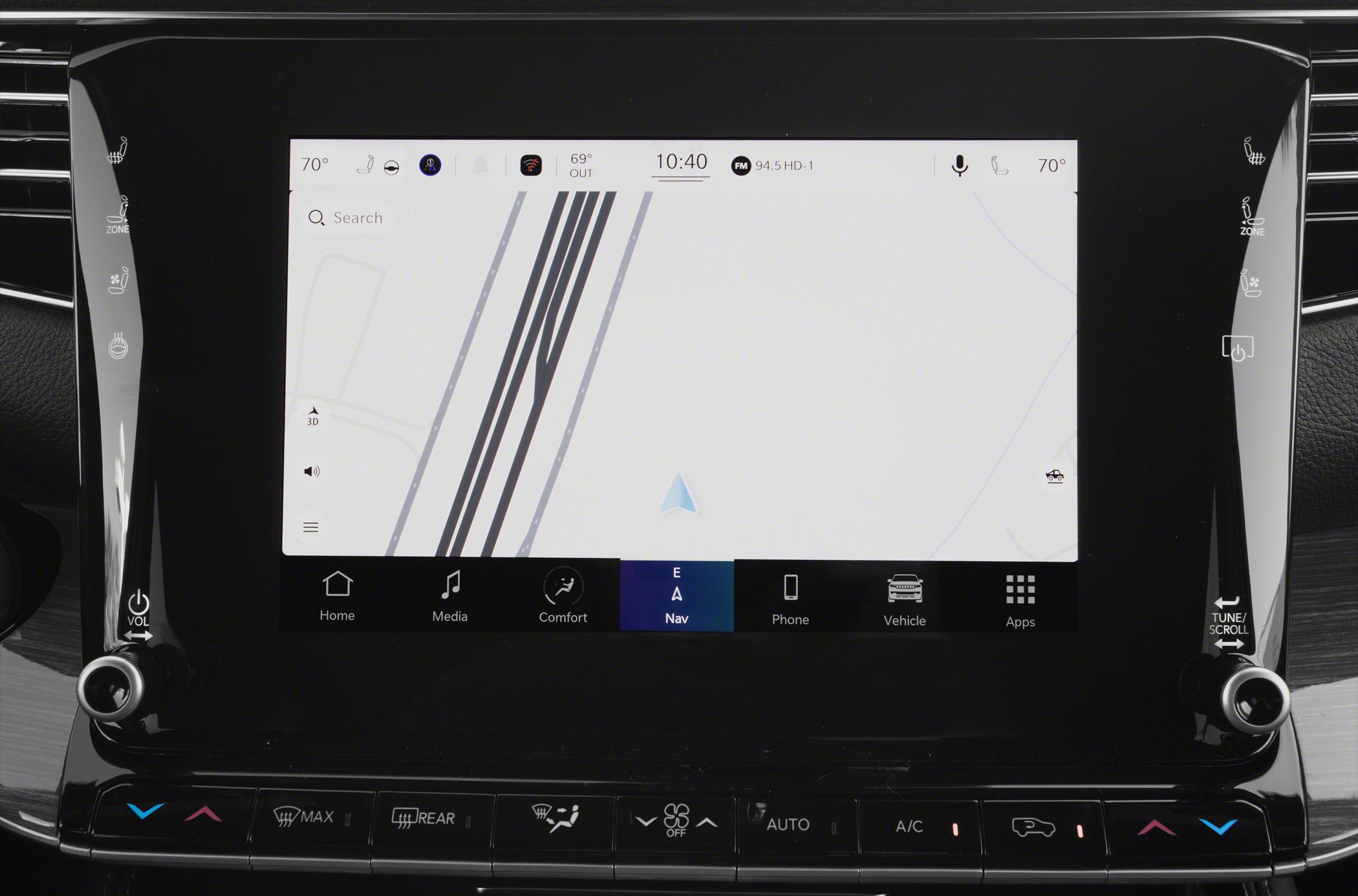 Touchscreen infotainment system with navigation and climate control buttons