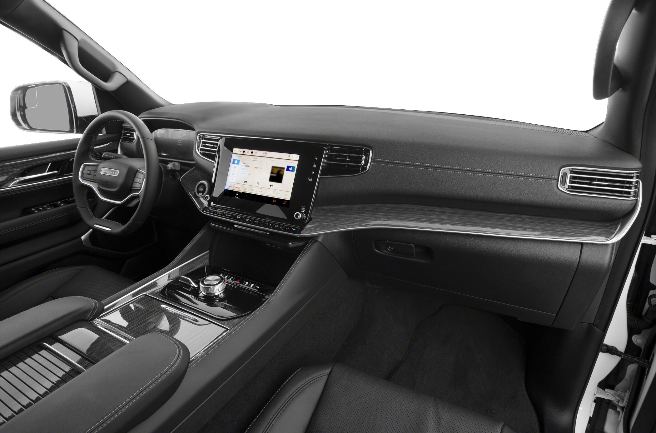 Digital instrument cluster and touchscreen infotainment with wood-trimmed center console