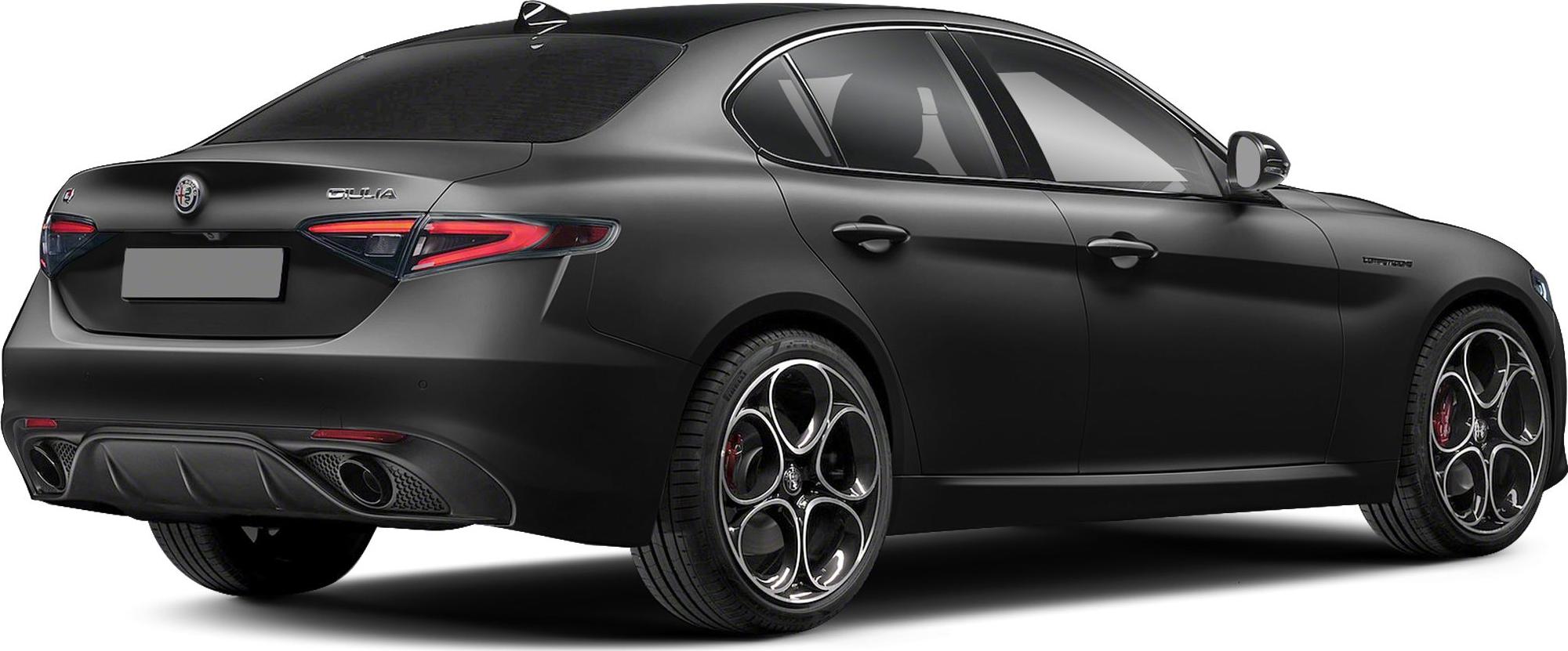 Matte black luxury sedan rear and side with distinctive taillights and alloy wheels