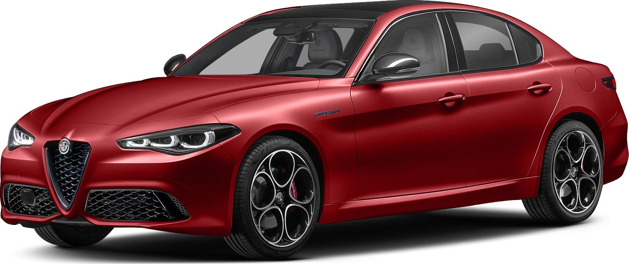 Red sedan with sporty front grille and distinctive five-hole alloy wheels