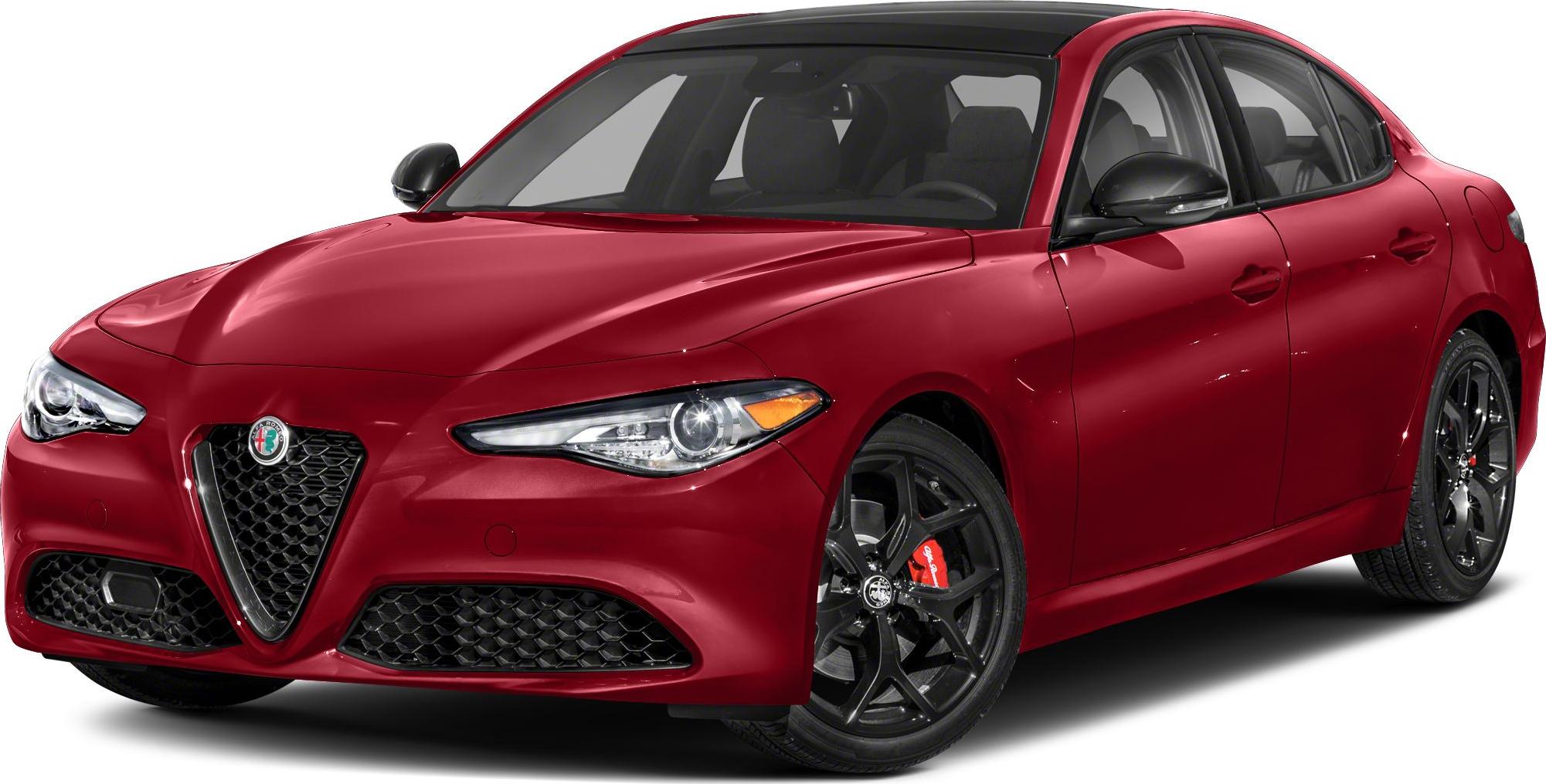 Red sedan with front grille, LED headlights, and black alloy wheels