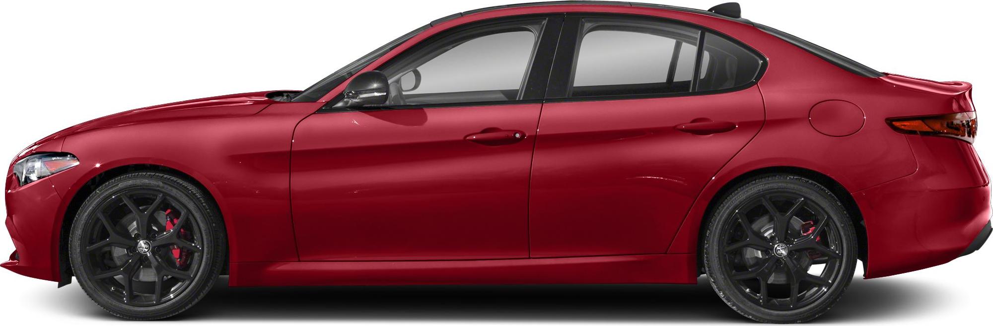 Side view of a red sedan with black alloy wheels and tinted windows