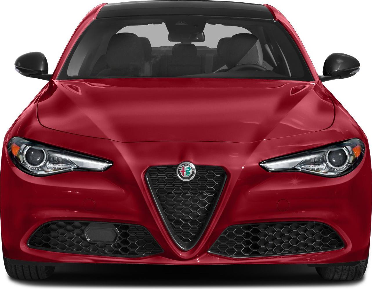 Front view with triangular grille and sleek headlights on a red car