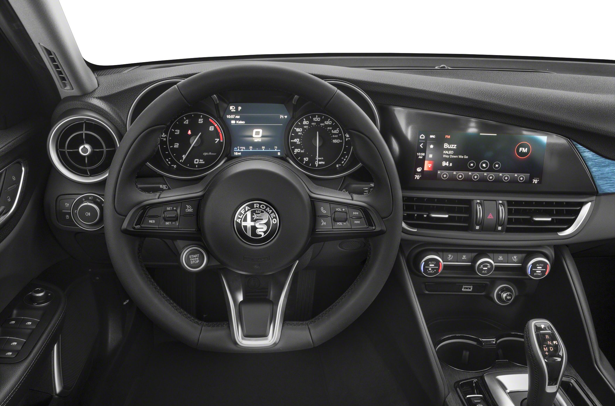Dashboard with steering wheel, digital speedometer, and infotainment display