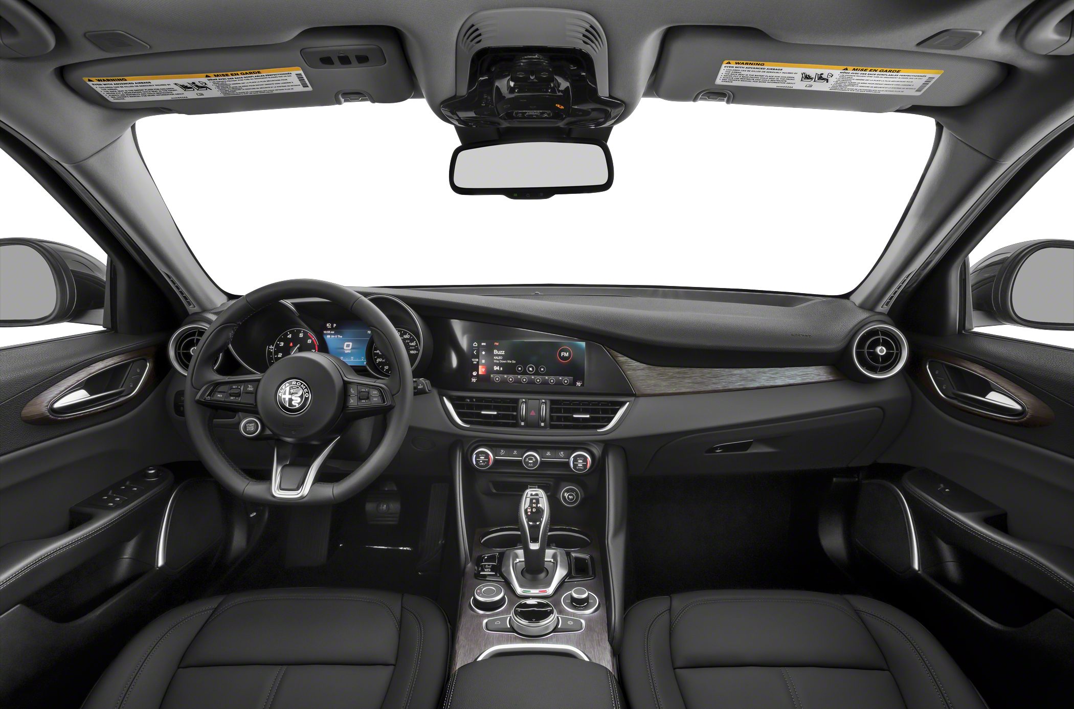 Dashboard, steering wheel, infotainment screen, center console controls